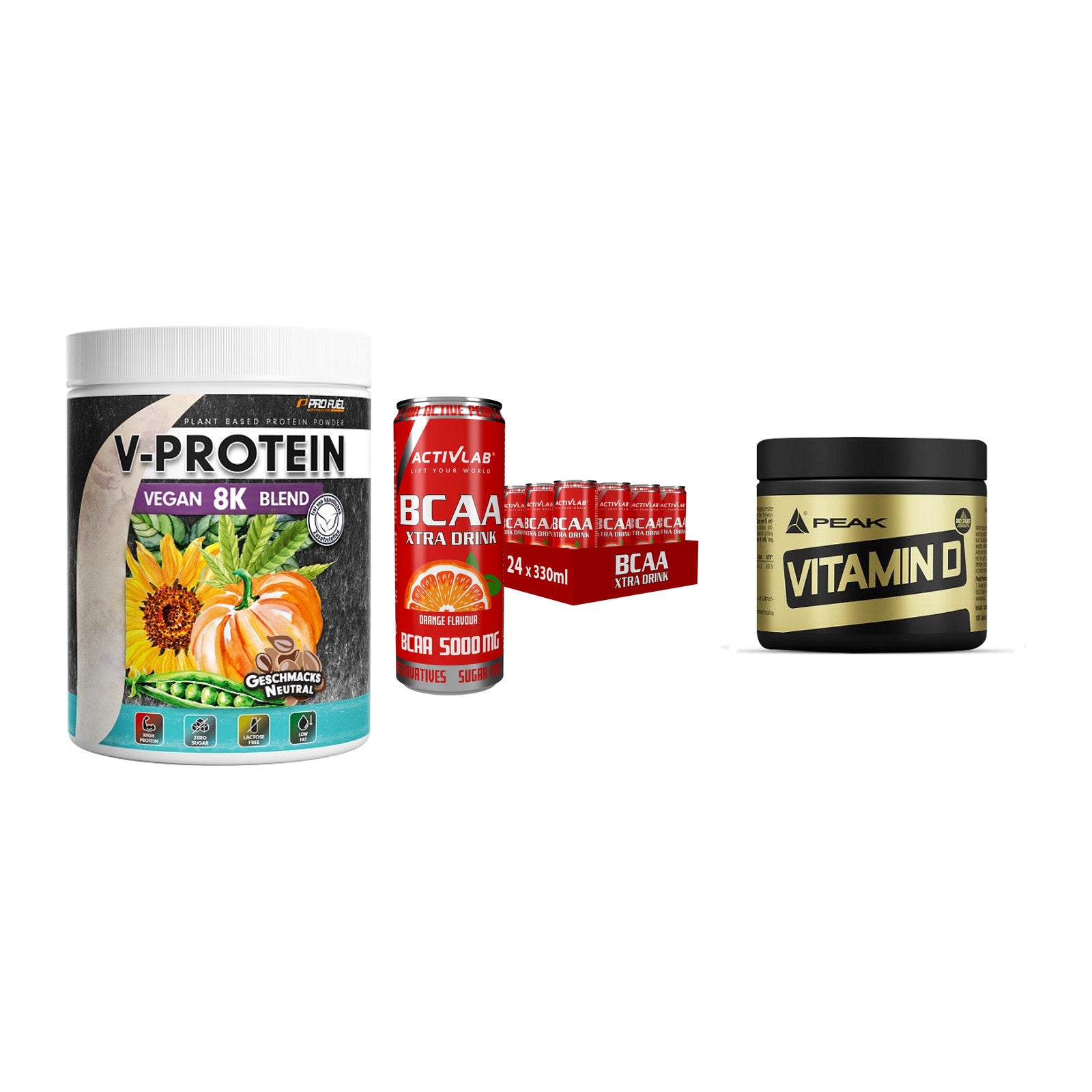 Pflanzliches Set: ProFuel V-Prote + Activlab BCAA + Peak Vitamin D – alle enthaltenen Artikel