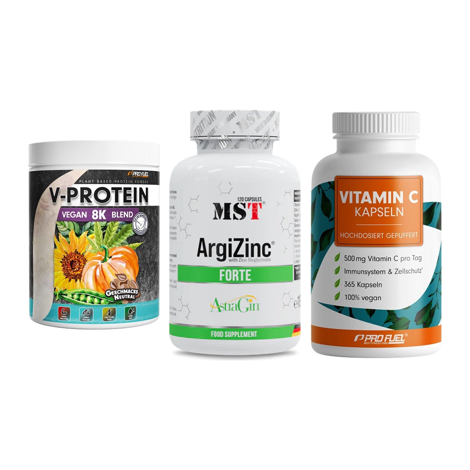 Pflanzliches Set: ProFuel V-Prote + MST ArgiZinc + ProFuel Vitamin – alle enthaltenen Artikel