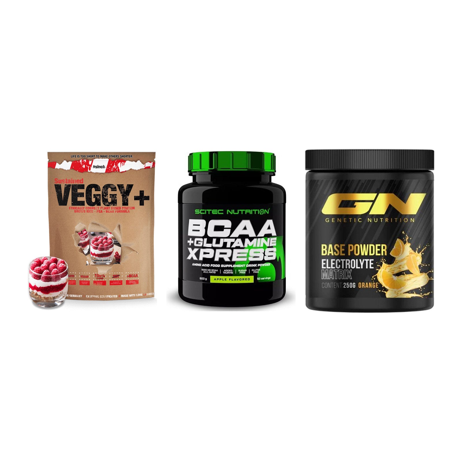 Pflanzliches Set: Sinob VEGGY + Scitec BCAA + GN Base Powder – alle enthaltenen Artikel
