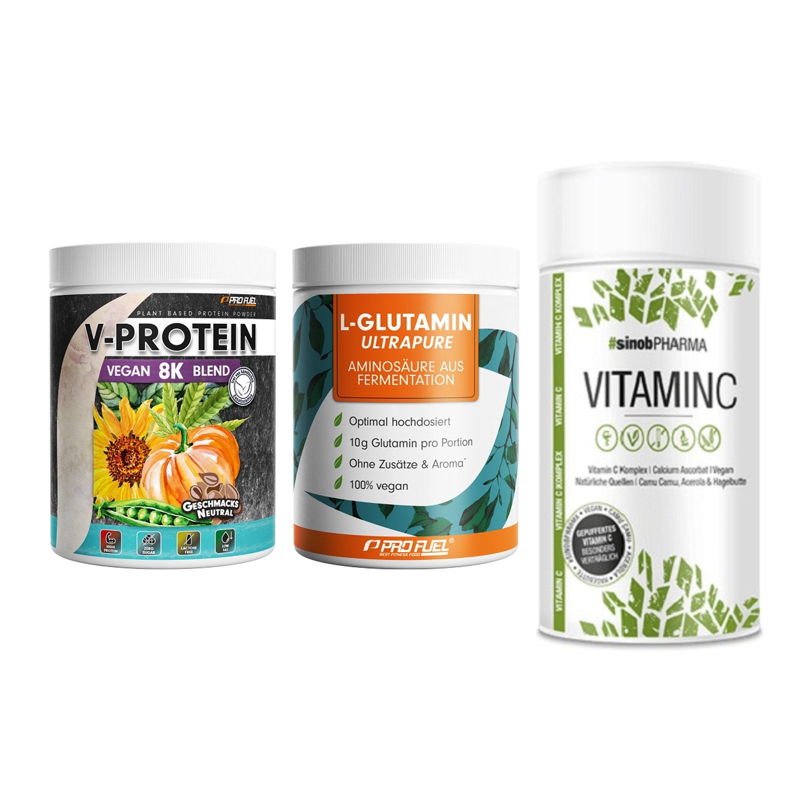 Pflanzliches Set: ProFuel V-Prote + ProFuel Glutami + Sinob Vitamin C – alle enthaltenen Artikel