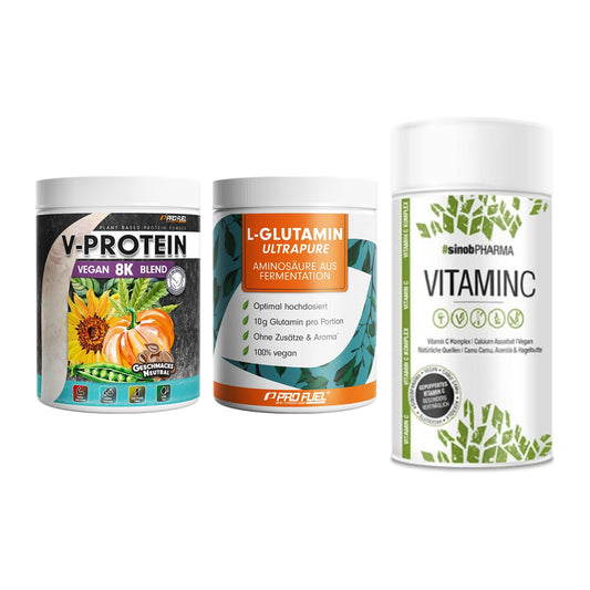 Pflanzliches Set: ProFuel V-Prote + ProFuel Glutami + Sinob Vitamin C – alle enthaltenen Artikel