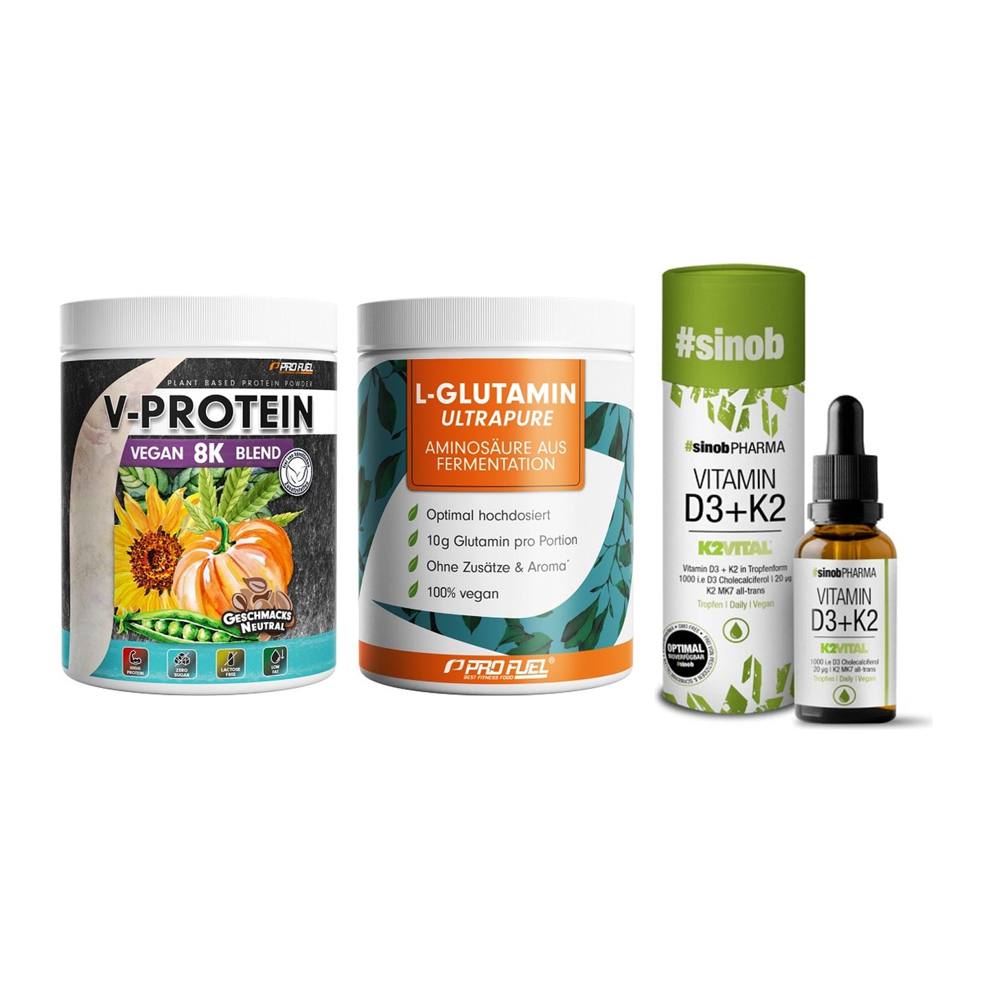 Pflanzliches Set: ProFuel V-Prote + ProFuel Glutami + Sinob Vitamin – alle enthaltenen Artikel