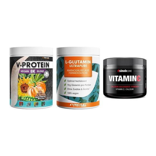 Pflanzliches Set: ProFuel V-Prote + ProFuel Glutami + Sinob Vitamin C – alle enthaltenen Artikel