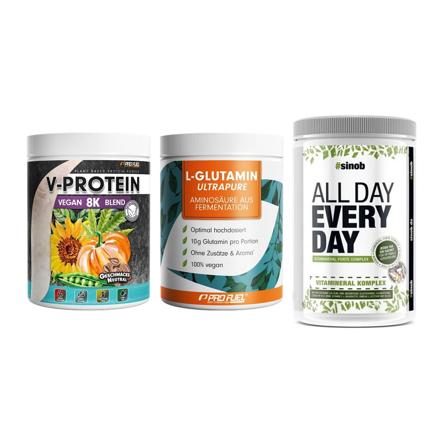 Pflanzliches Set: ProFuel V-Prote + ProFuel Glutami + Sinob All Day – alle enthaltenen Artikel