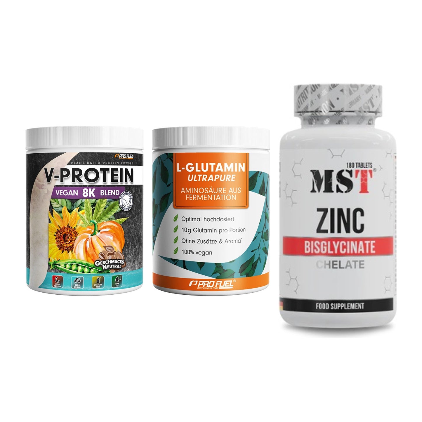 Pflanzliches Set: ProFuel V-Prote + ProFuel Glutami + MST Zinc – alle enthaltenen Artikel