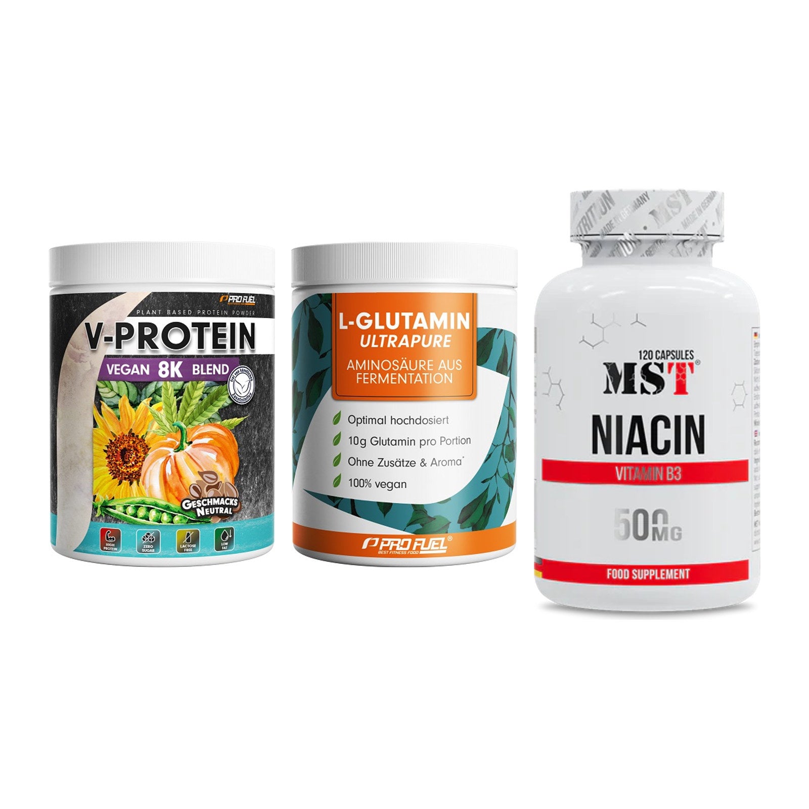 Pflanzliches Set: ProFuel V-Prote + ProFuel Glutami + MST Niacin – alle enthaltenen Artikel