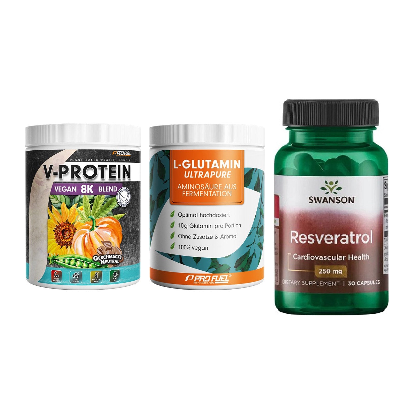 Pflanzliches Set: ProFuel V-Prote + ProFuel Glutami + Swanson Resvera – alle enthaltenen Artikel