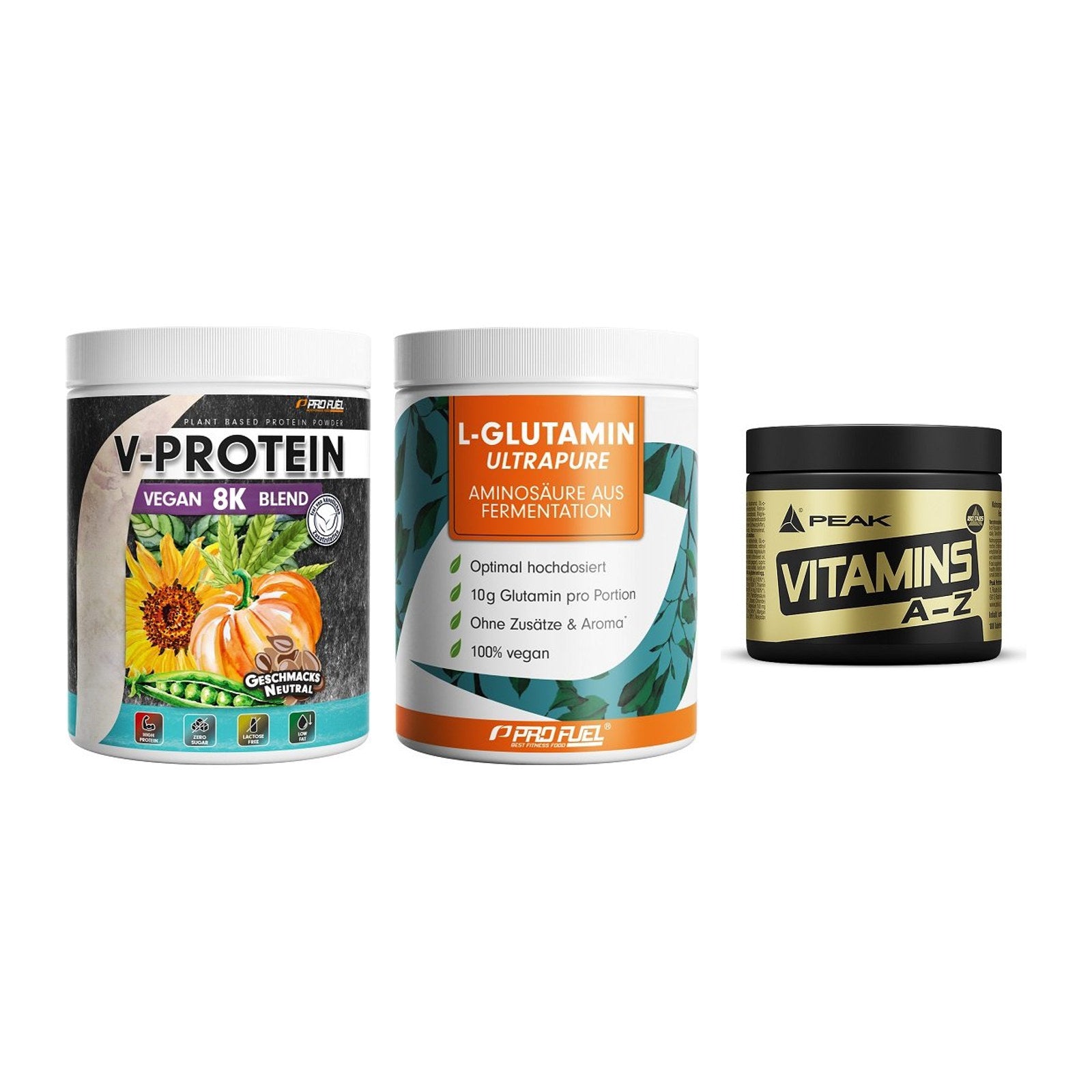 Pflanzliches Set: ProFuel V-Prote + ProFuel Glutami + Peak Vitamin – alle enthaltenen Artikel