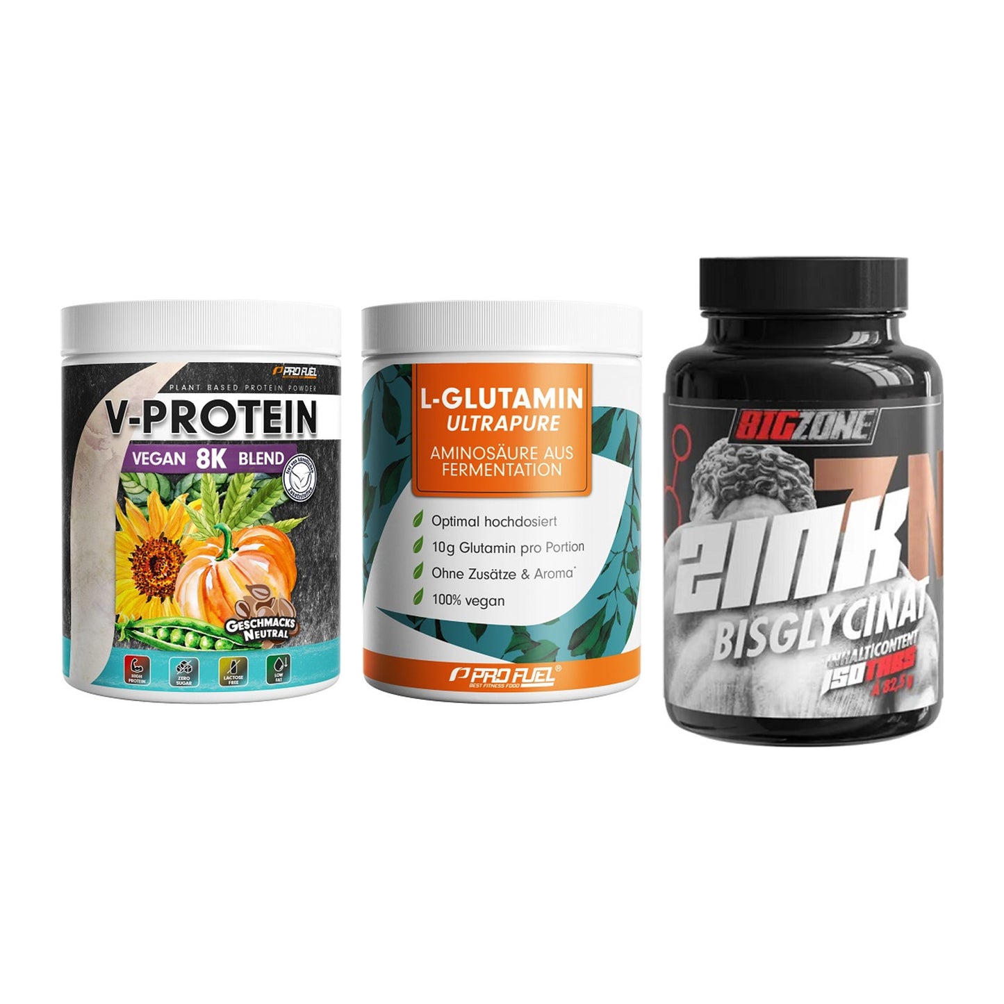 Pflanzliches Set: ProFuel V-Prote + ProFuel Glutami + Big Zone Zink – alle enthaltenen Artikel