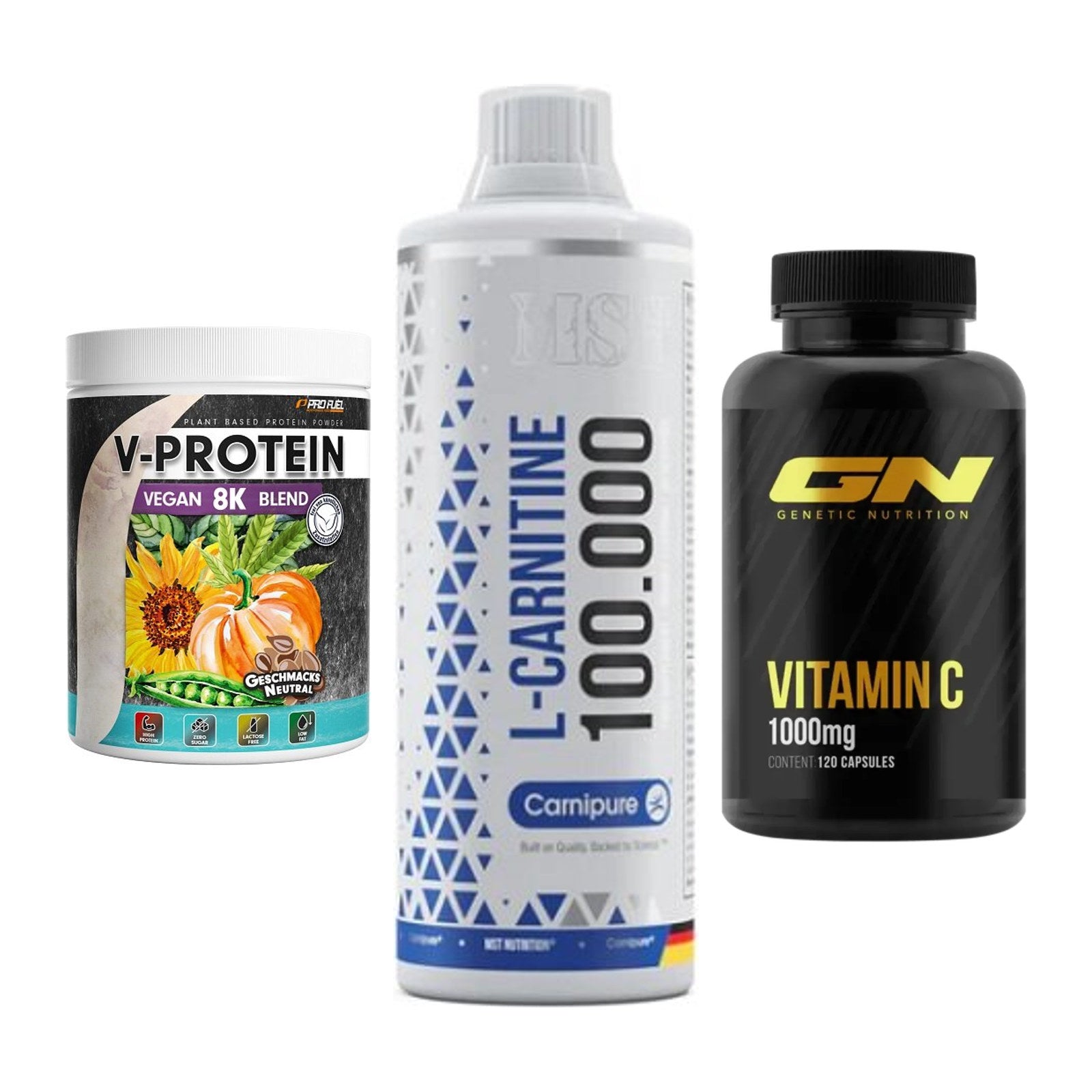 Pflanzliches Set: ProFuel V-Prote + MST L-Carnitine + GN Vitamin C – alle enthaltenen Artikel