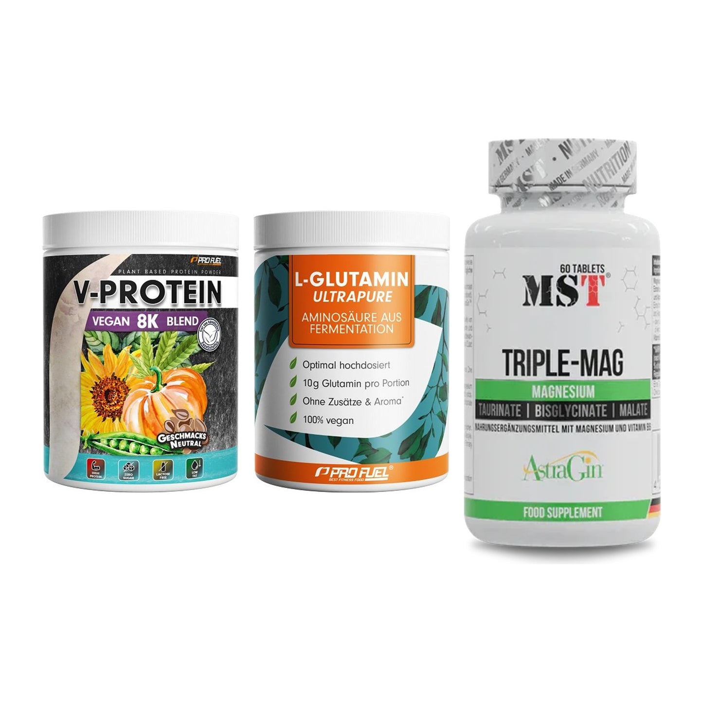 Pflanzliches Set: ProFuel V-Prote + ProFuel Glutami + MST Tripple Mag – alle enthaltenen Artikel