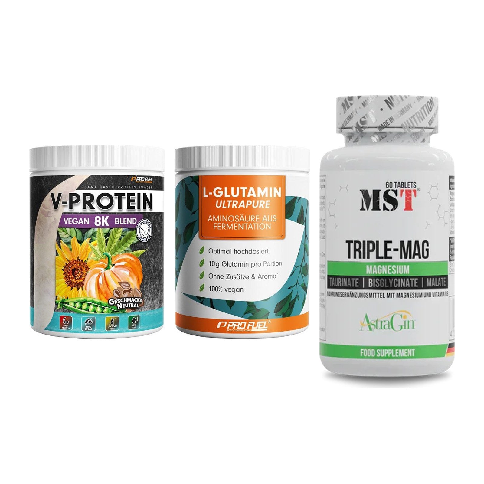 Pflanzliches Set: ProFuel V-Prote + ProFuel Glutami + MST Tripple Mag – alle enthaltenen Artikel