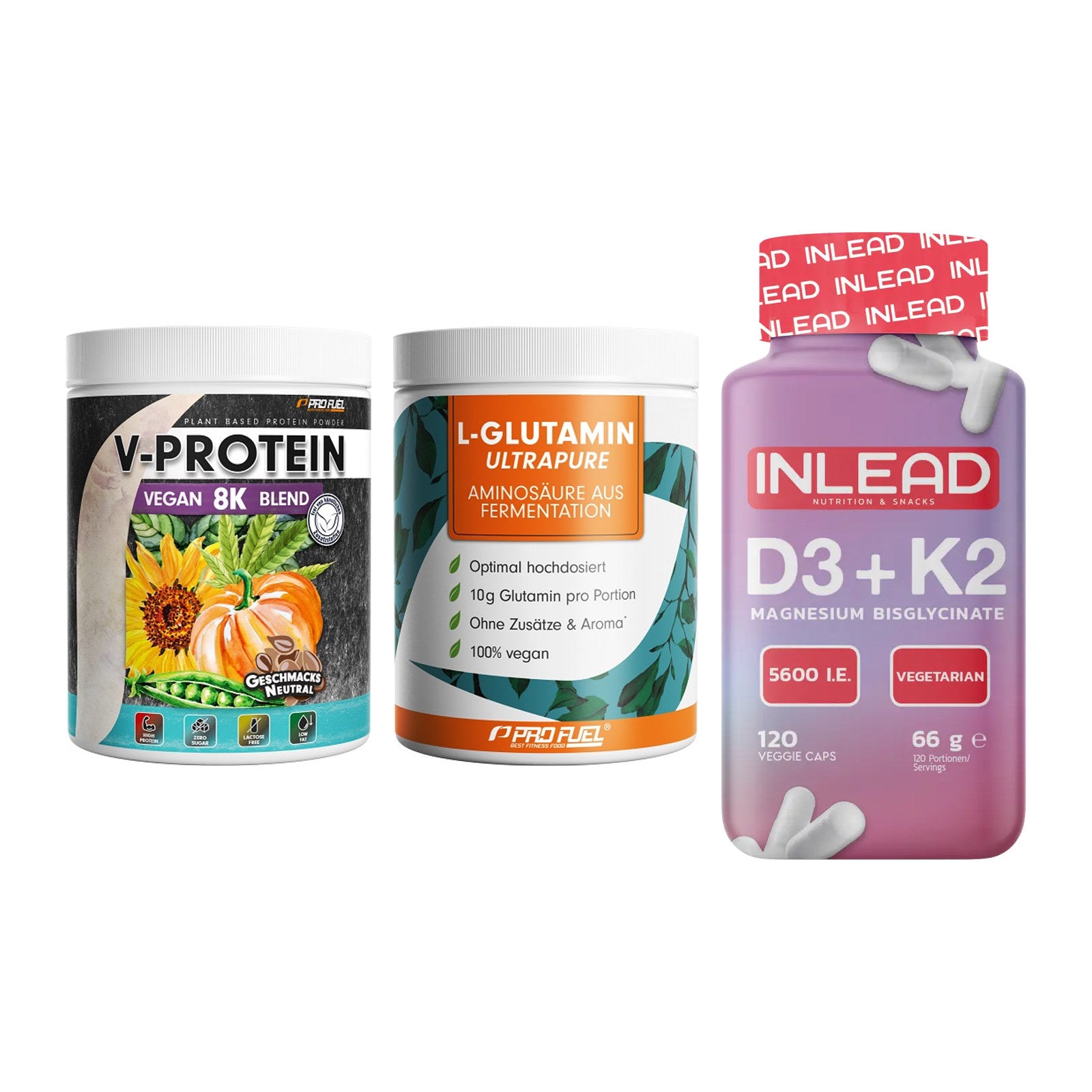 Pflanzliches Set: ProFuel V-Prote + ProFuel Glutami + INLEAD Vitamin – alle enthaltenen Artikel