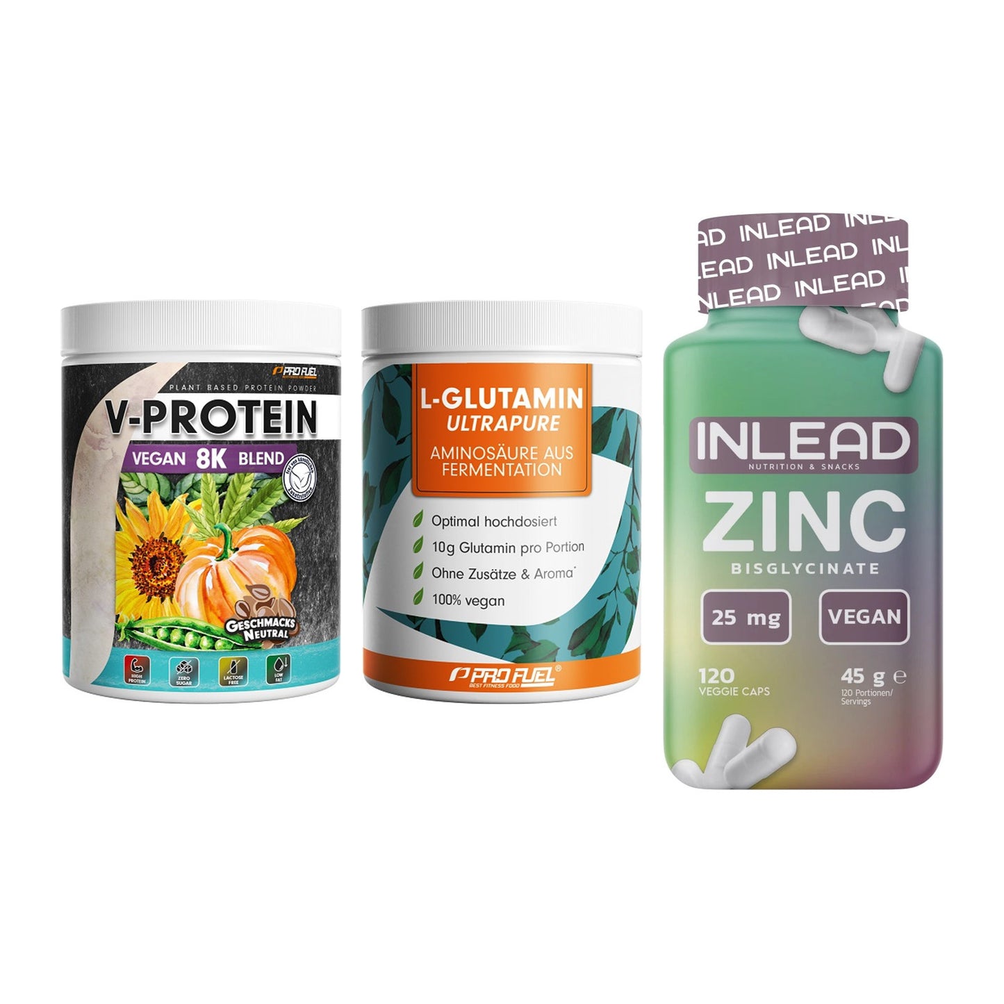 Pflanzliches Set: ProFuel V-Prote + ProFuel Glutami + INLEAD Zink – alle enthaltenen Artikel