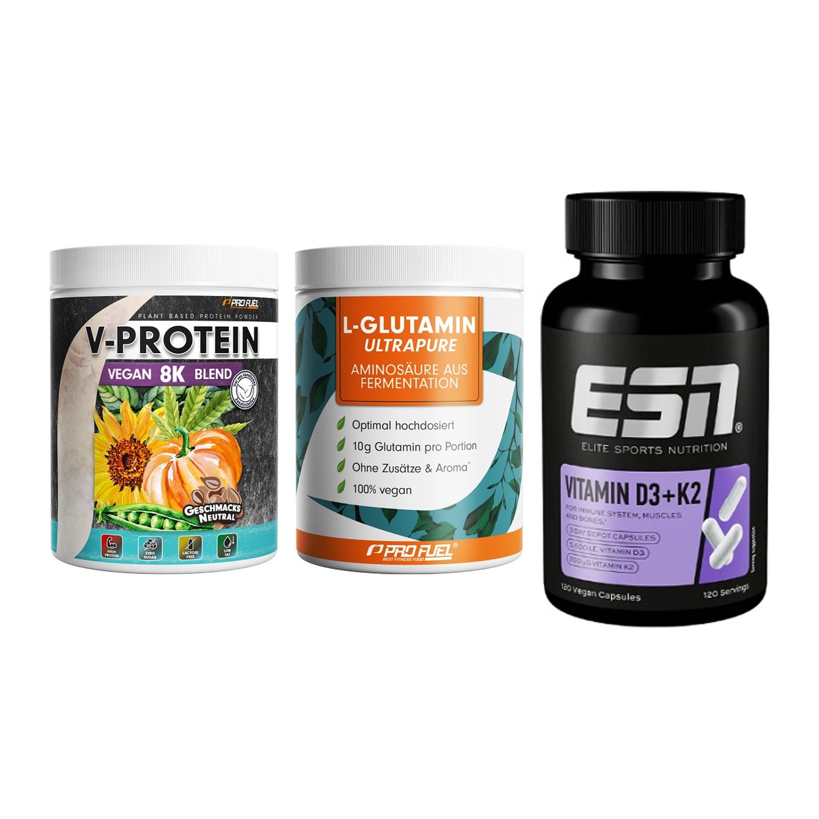 Pflanzliches Set: ProFuel V-Prote + ProFuel Glutami + ESN Vitamin D3 – alle enthaltenen Artikel