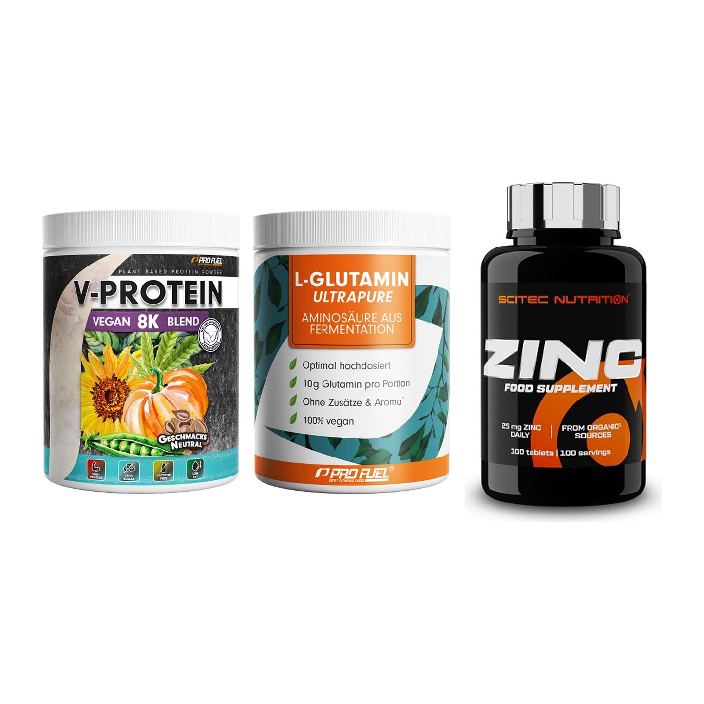 Pflanzliches Set: ProFuel V-Prote + ProFuel Glutami + Scitec Zinc – alle enthaltenen Artikel