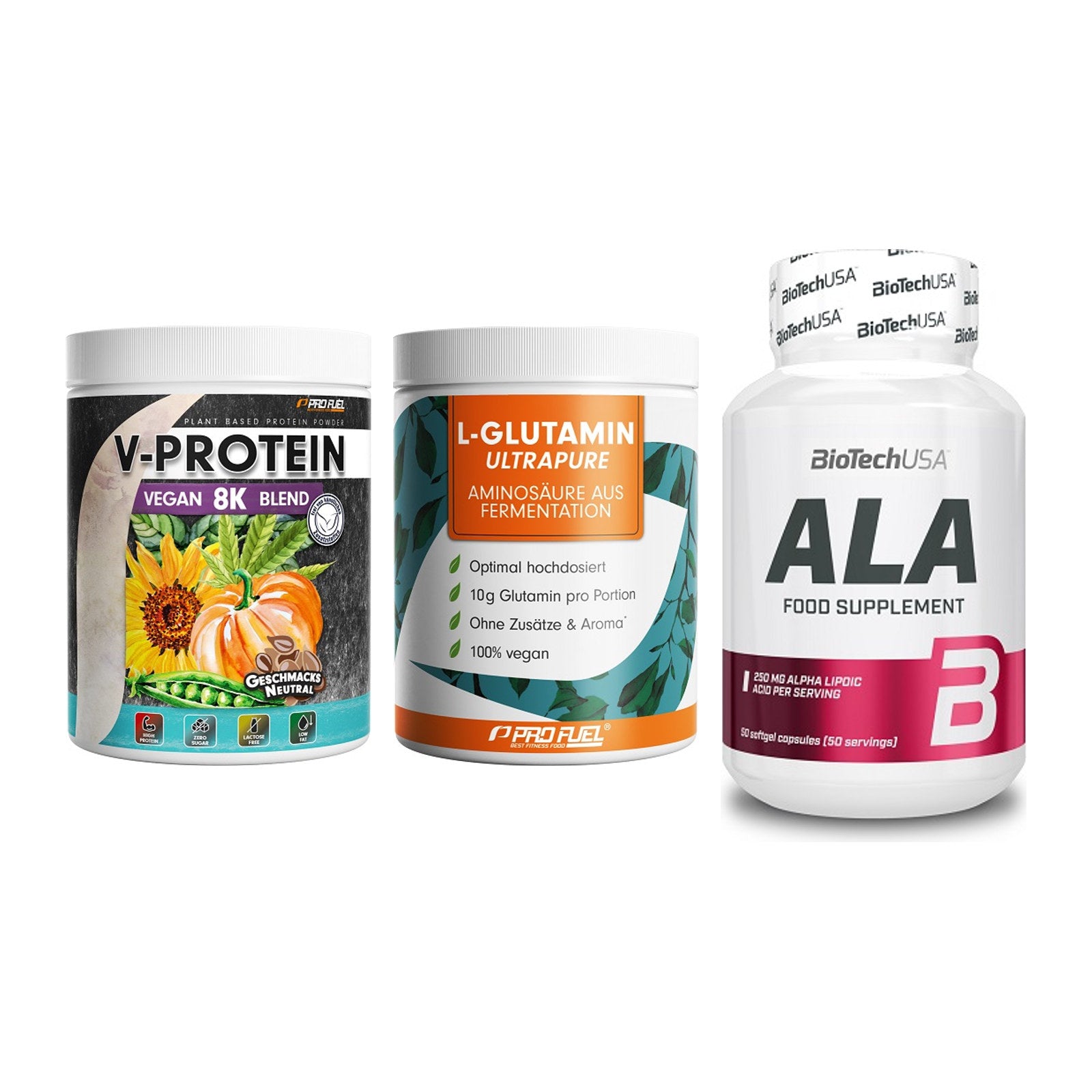 Pflanzliches Set: ProFuel V-Prote + ProFuel Glutami + BioTech ALA – alle enthaltenen Artikel