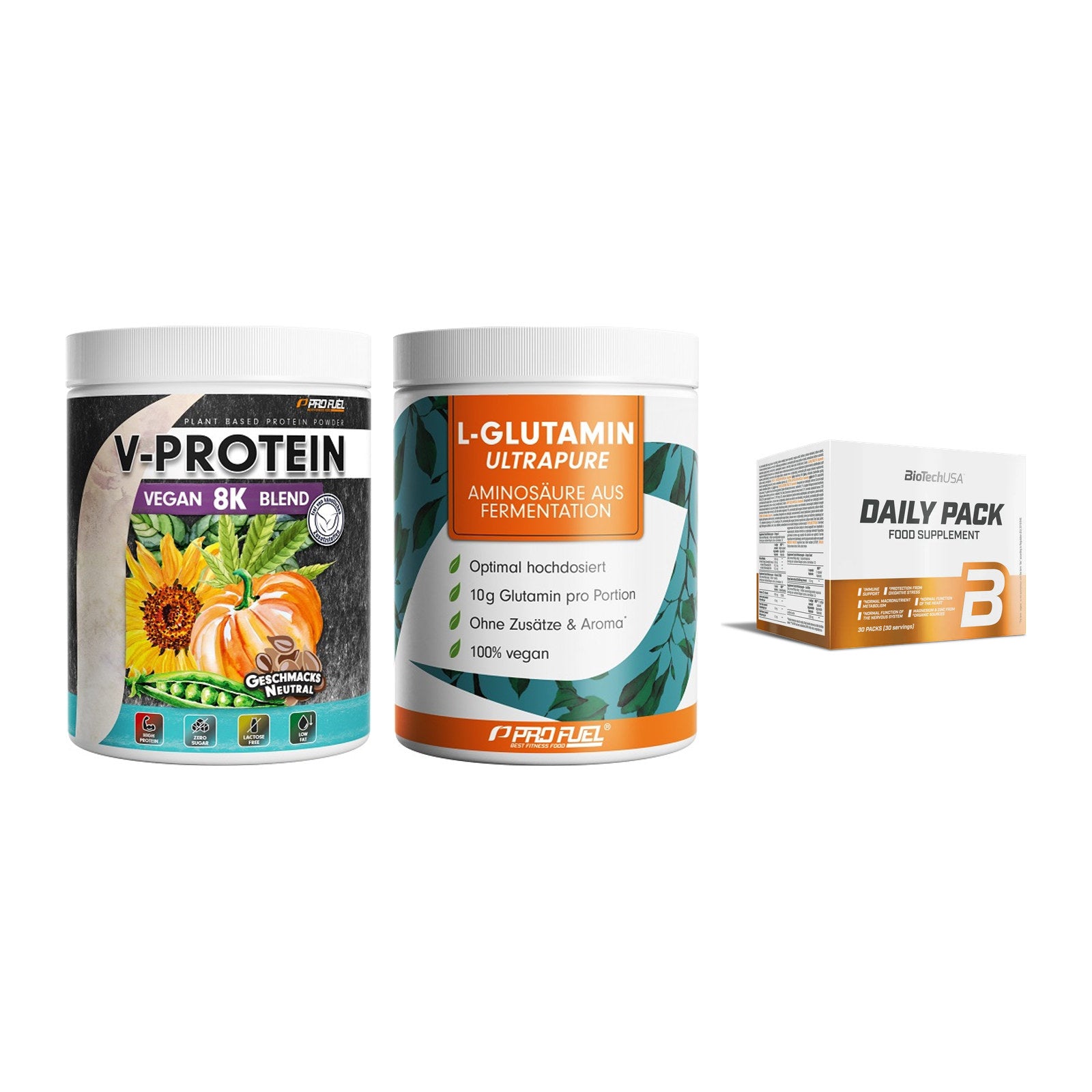 Pflanzliches Set: ProFuel V-Prote + ProFuel Glutami + BioTech Daily – alle enthaltenen Artikel