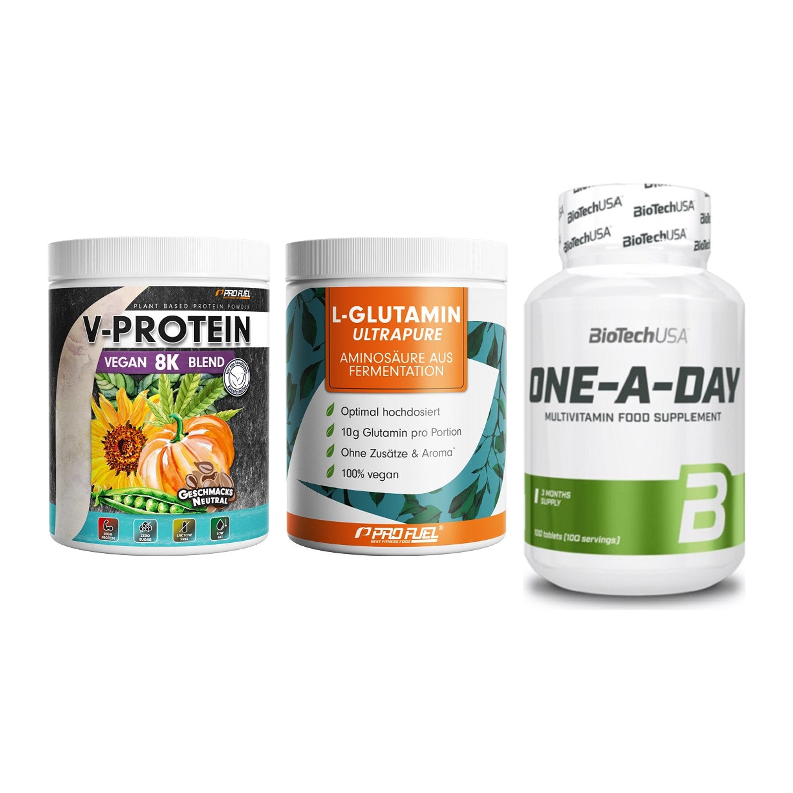 Pflanzliches Set: ProFuel V-Prote + ProFuel Glutami + BioTech One A – alle enthaltenen Artikel