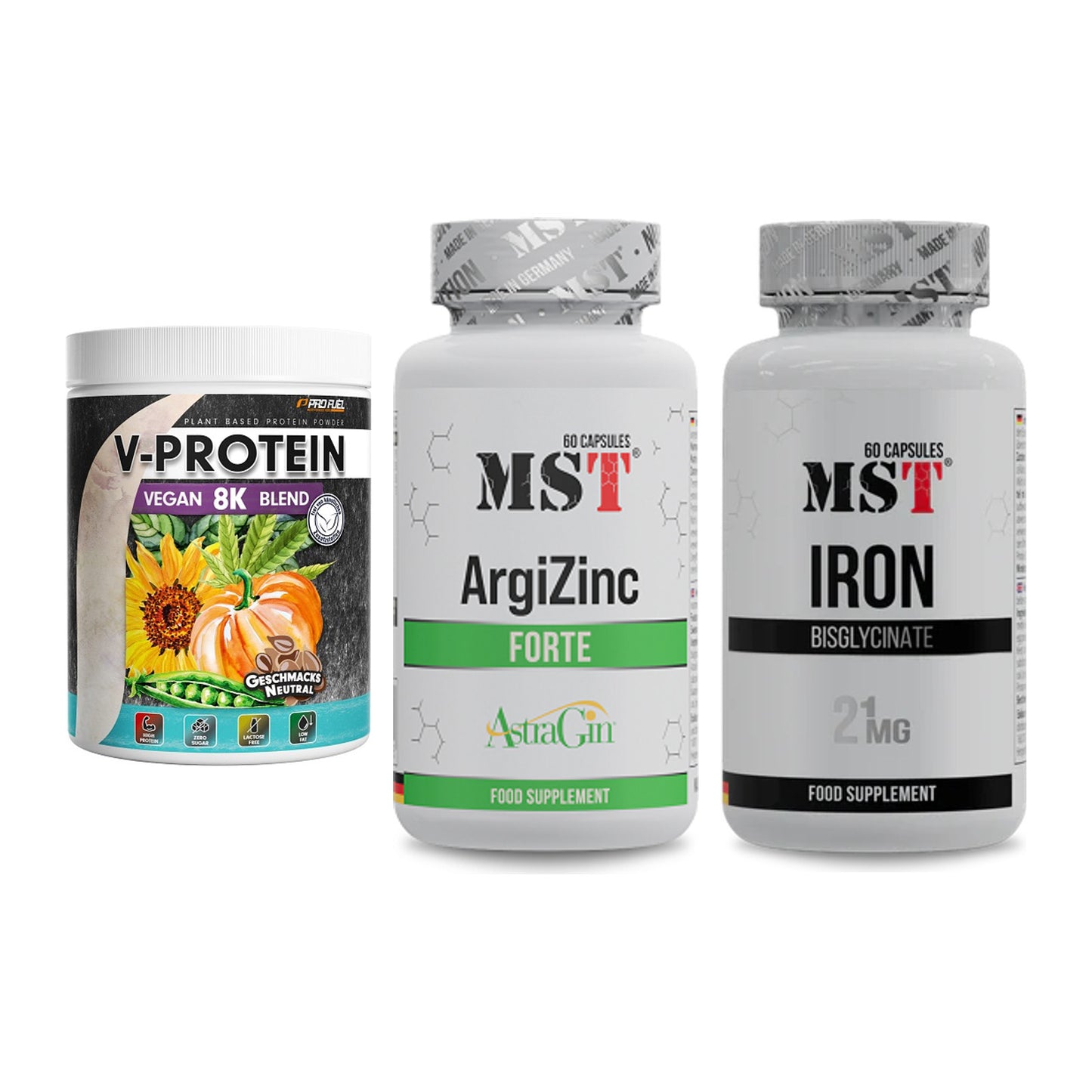 Pflanzliches Set: ProFuel V-Prote + MST ArgiZinc + MST Iron – alle enthaltenen Artikel