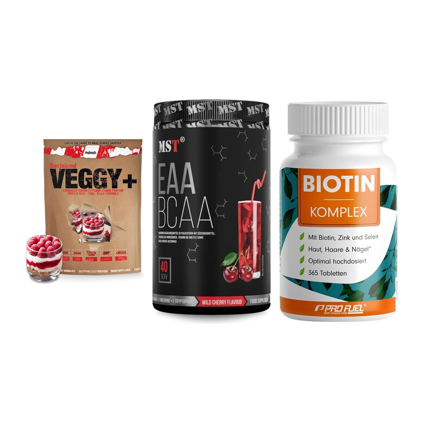Pflanzliches Set: Sinob VEGGY + MST EAA & BCAA + ProFuel BIOTIN – alle enthaltenen Artikel
