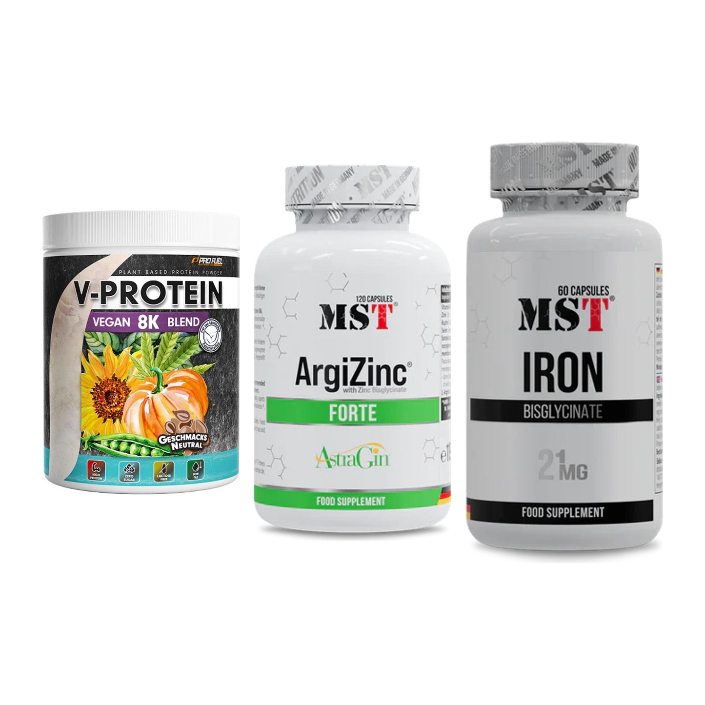 Pflanzliches Set: ProFuel V-Prote + MST ArgiZinc + MST Iron – alle enthaltenen Artikel