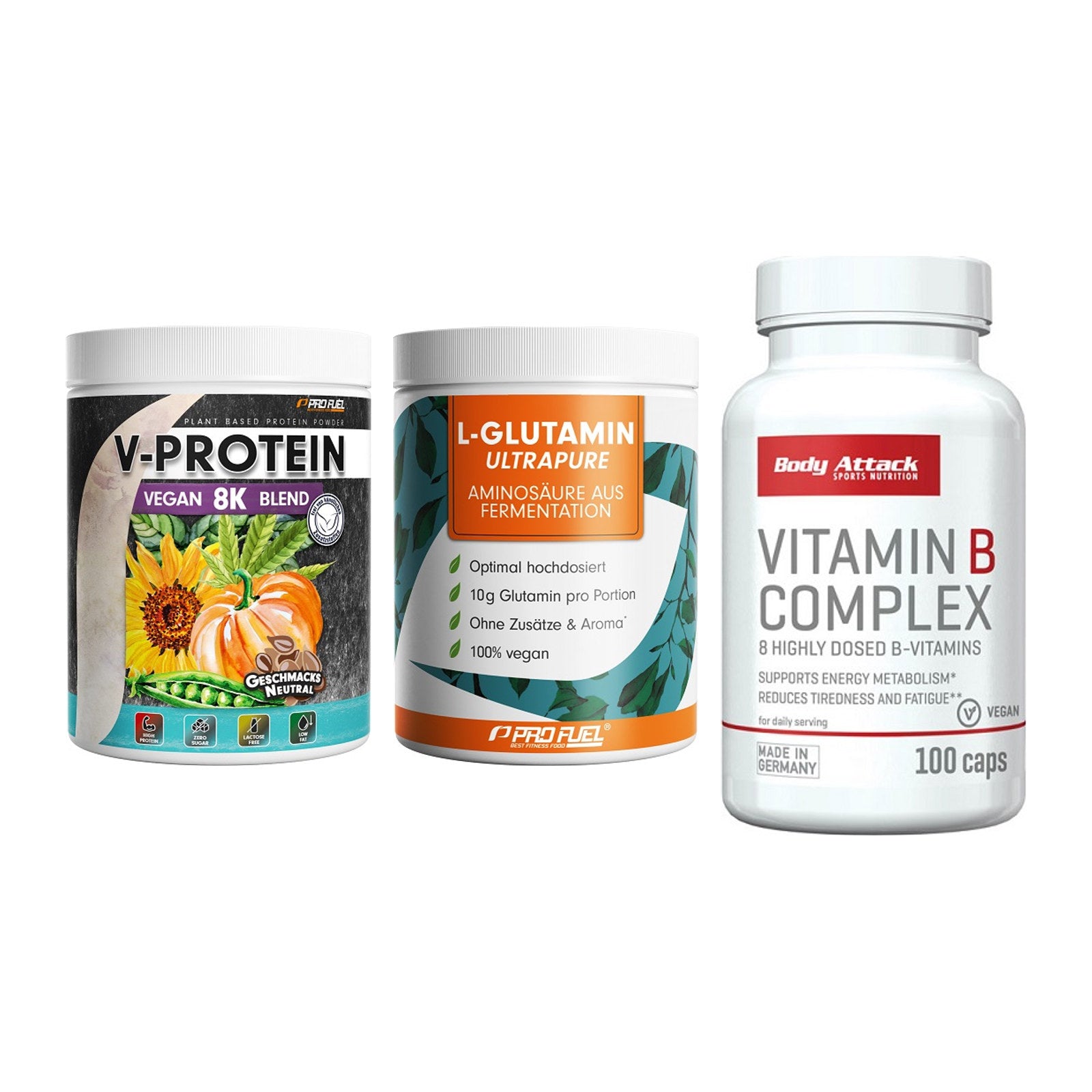 Pflanzliches Set: ProFuel V-Prote + ProFuel Glutami + Body Attack – alle enthaltenen Artikel