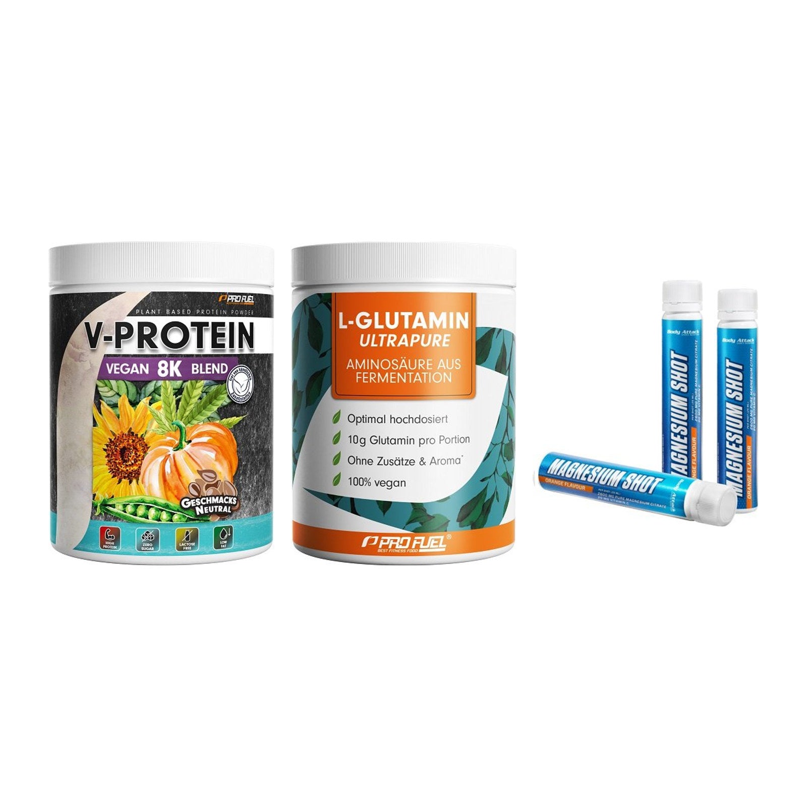 Pflanzliches Set: ProFuel V-Prote + ProFuel Glutami + Body Attack – alle enthaltenen Artikel