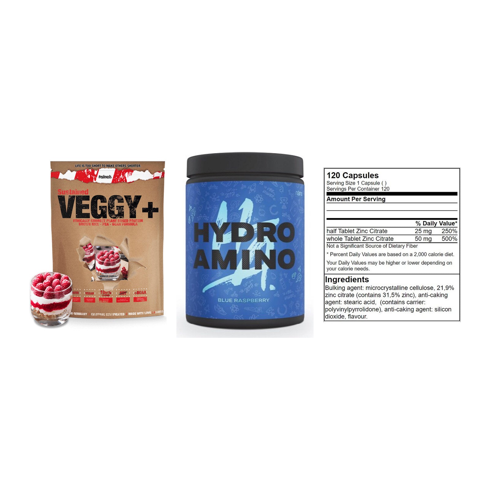 Pflanzliches Set: Sinob VEGGY + Nanosupps Hydro + GN Zinc Citrate – alle enthaltenen Artikel