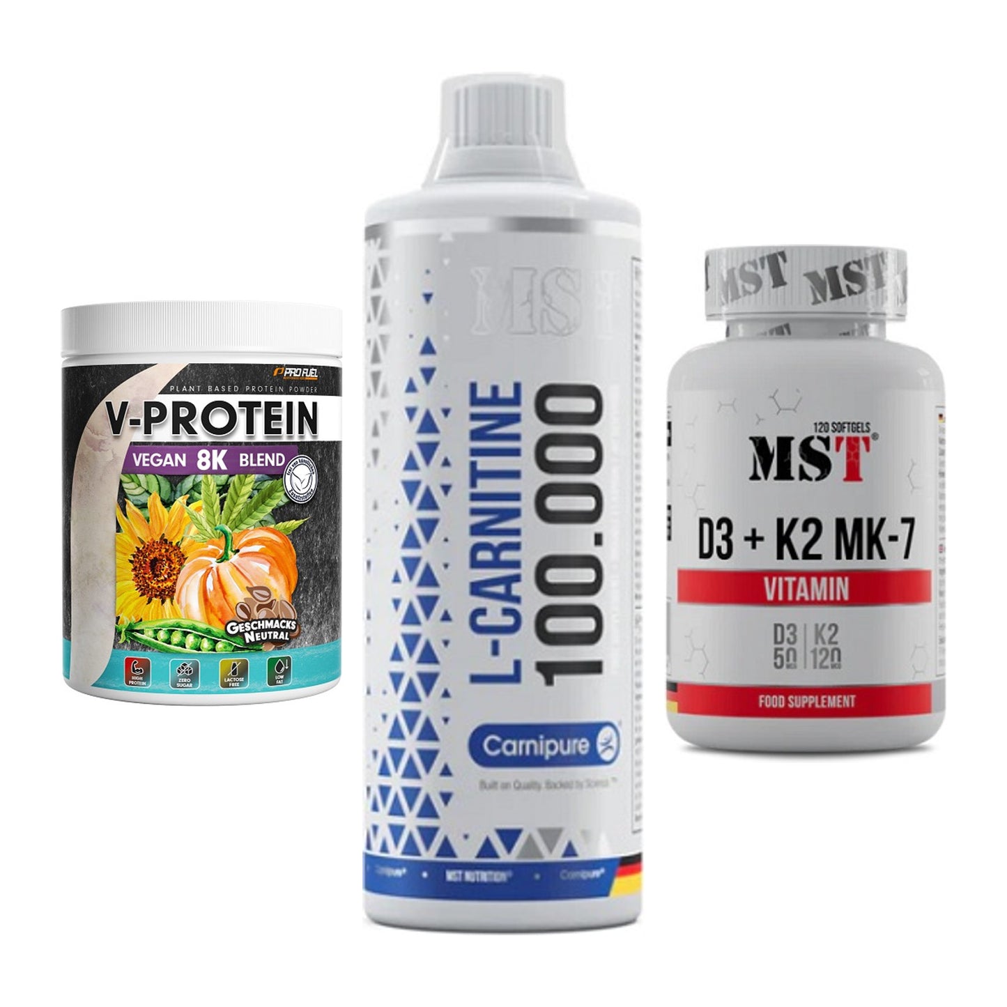 Pflanzliches Set: ProFuel V-Prote + MST L-Carnitine + MST Vitamin D3 – alle enthaltenen Artikel
