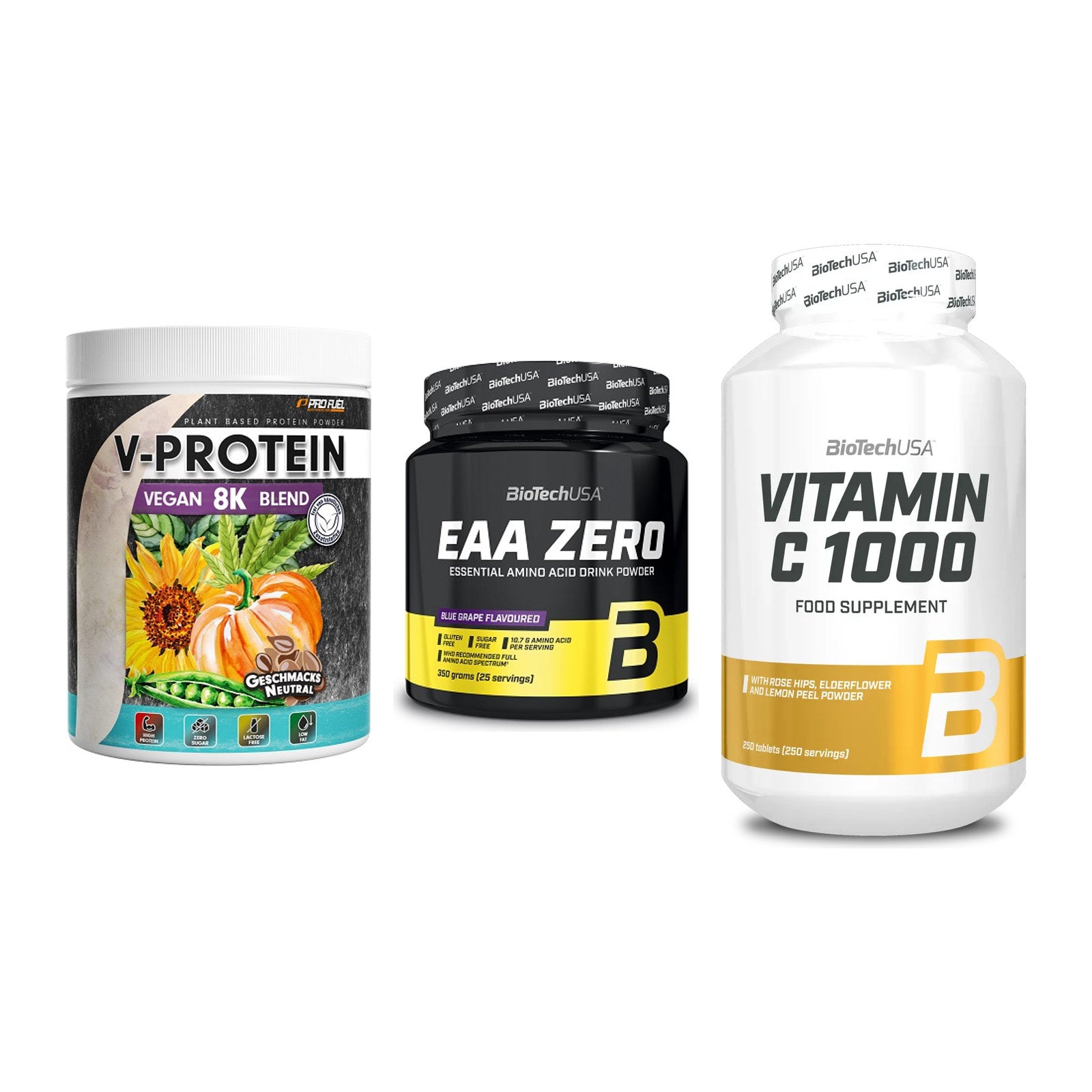 Pflanzliches Set: ProFuel V-Prote + BioTech EAA + BioTech Vitamin – alle enthaltenen Artikel