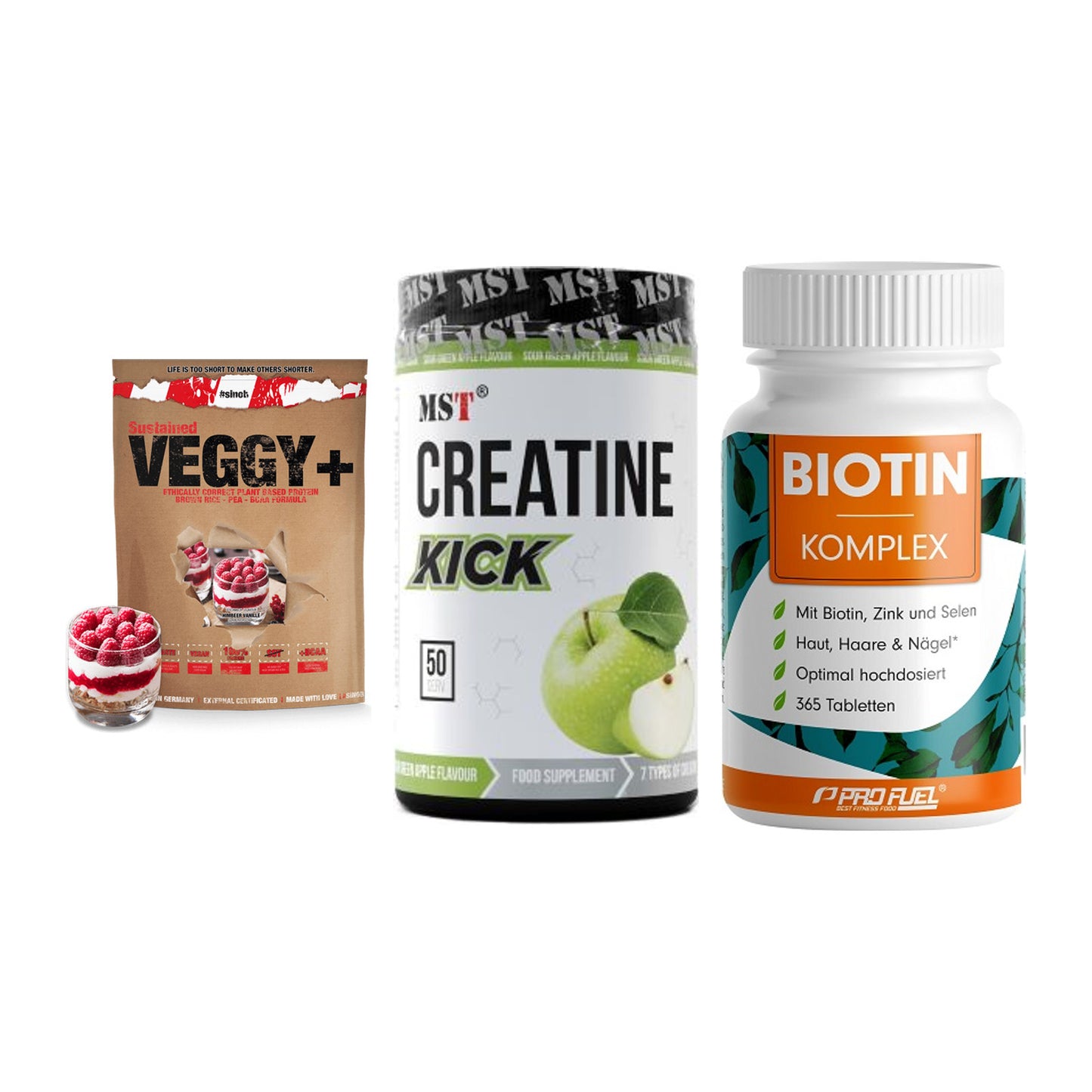 Pflanzliches Set: Sinob VEGGY + MST Creatine + ProFuel BIOTIN – alle enthaltenen Artikel