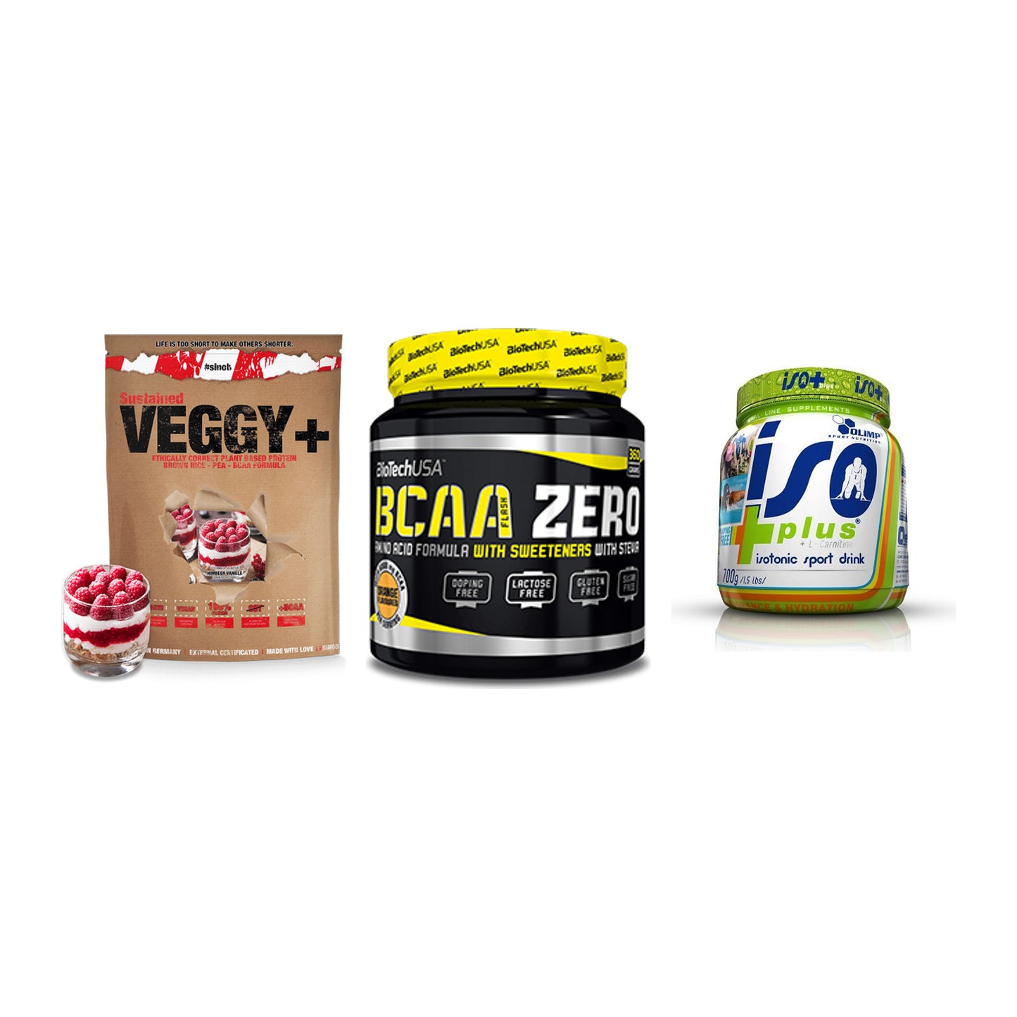Pflanzliches Set: Sinob VEGGY + BioTech BCAA + Olimp Iso Plus – alle enthaltenen Artikel