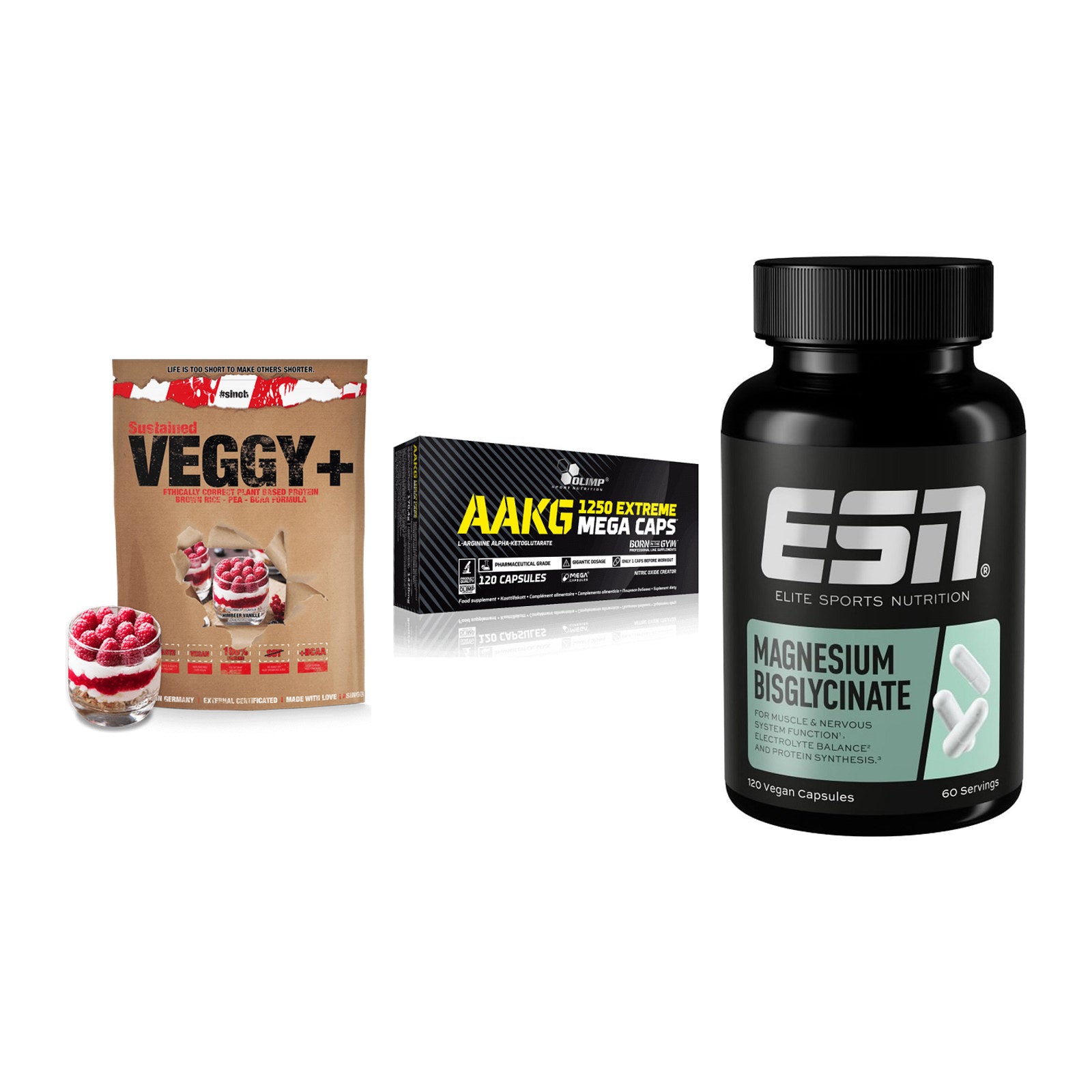 Pflanzliches Set: Sinob VEGGY + Olimp AAKG + ESN Magnesium – alle enthaltenen Artikel