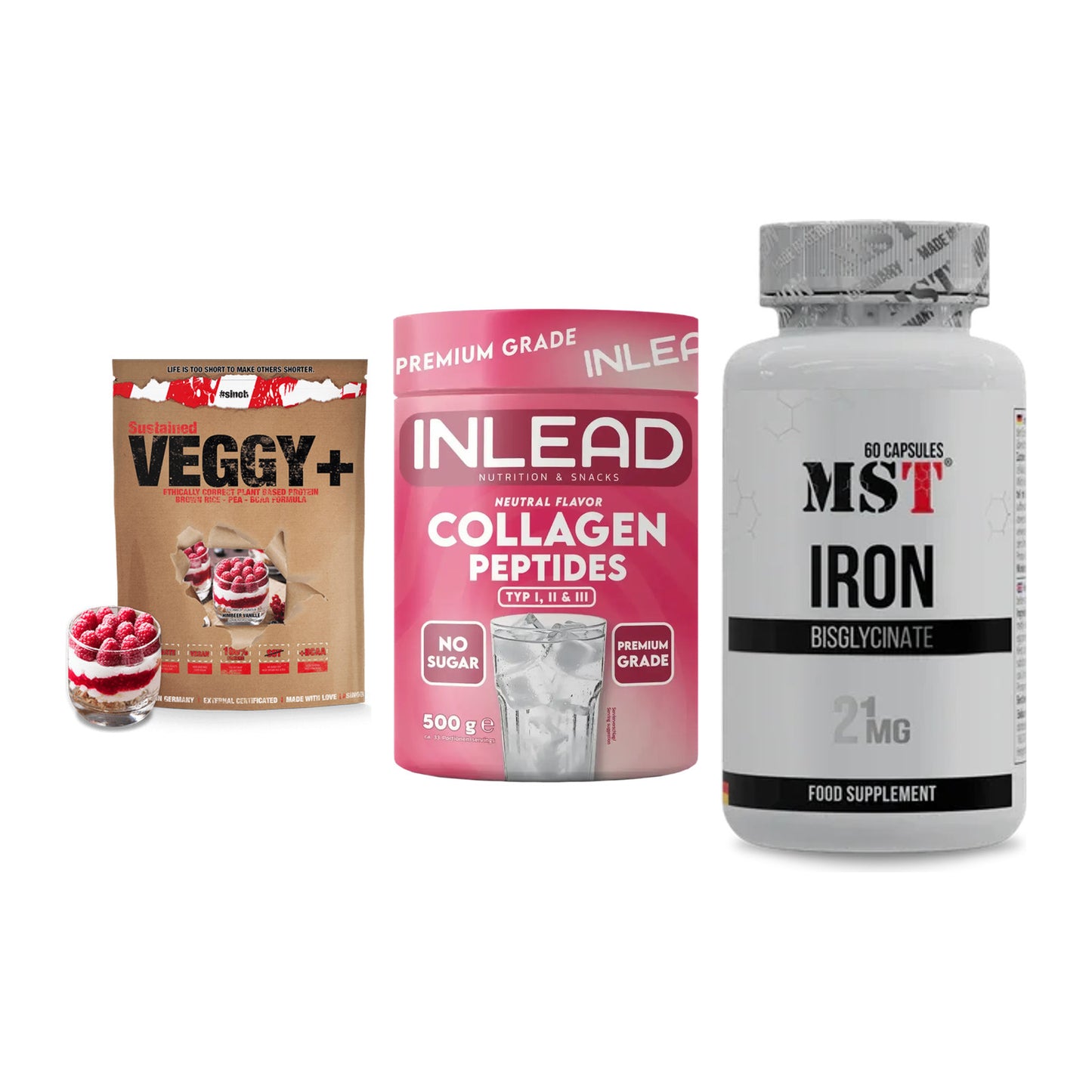 Pflanzliches Set: Sinob VEGGY + INLEAD Collagen + MST Iron – alle enthaltenen Artikel