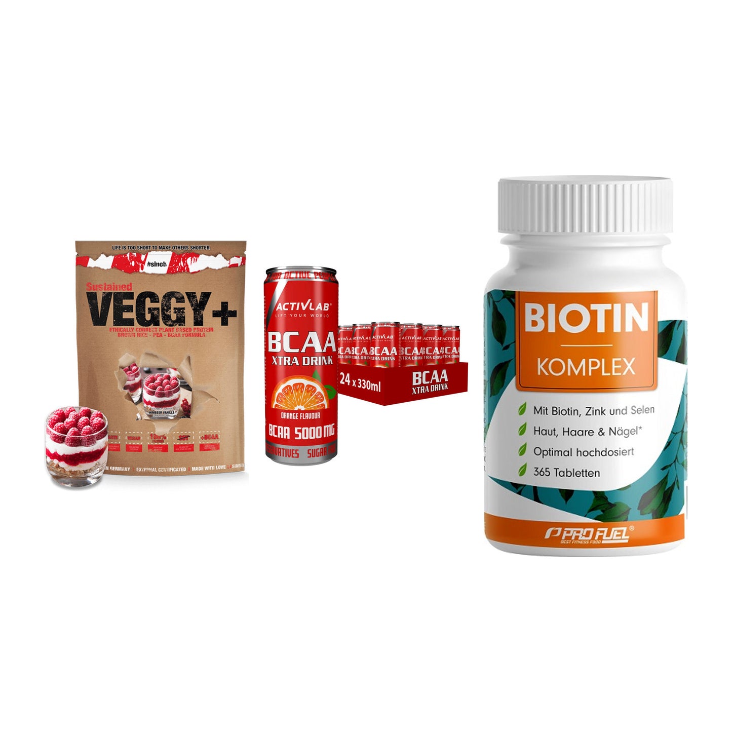 Pflanzliches Set: Sinob VEGGY + Activlab BCAA + ProFuel BIOTIN – alle enthaltenen Artikel