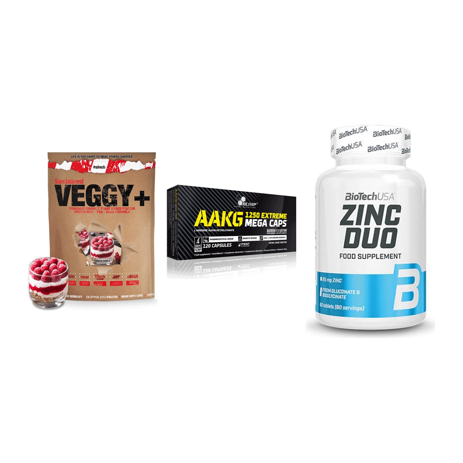 Pflanzliches Set: Sinob VEGGY + Olimp AAKG + BioTech Zinc – alle enthaltenen Artikel