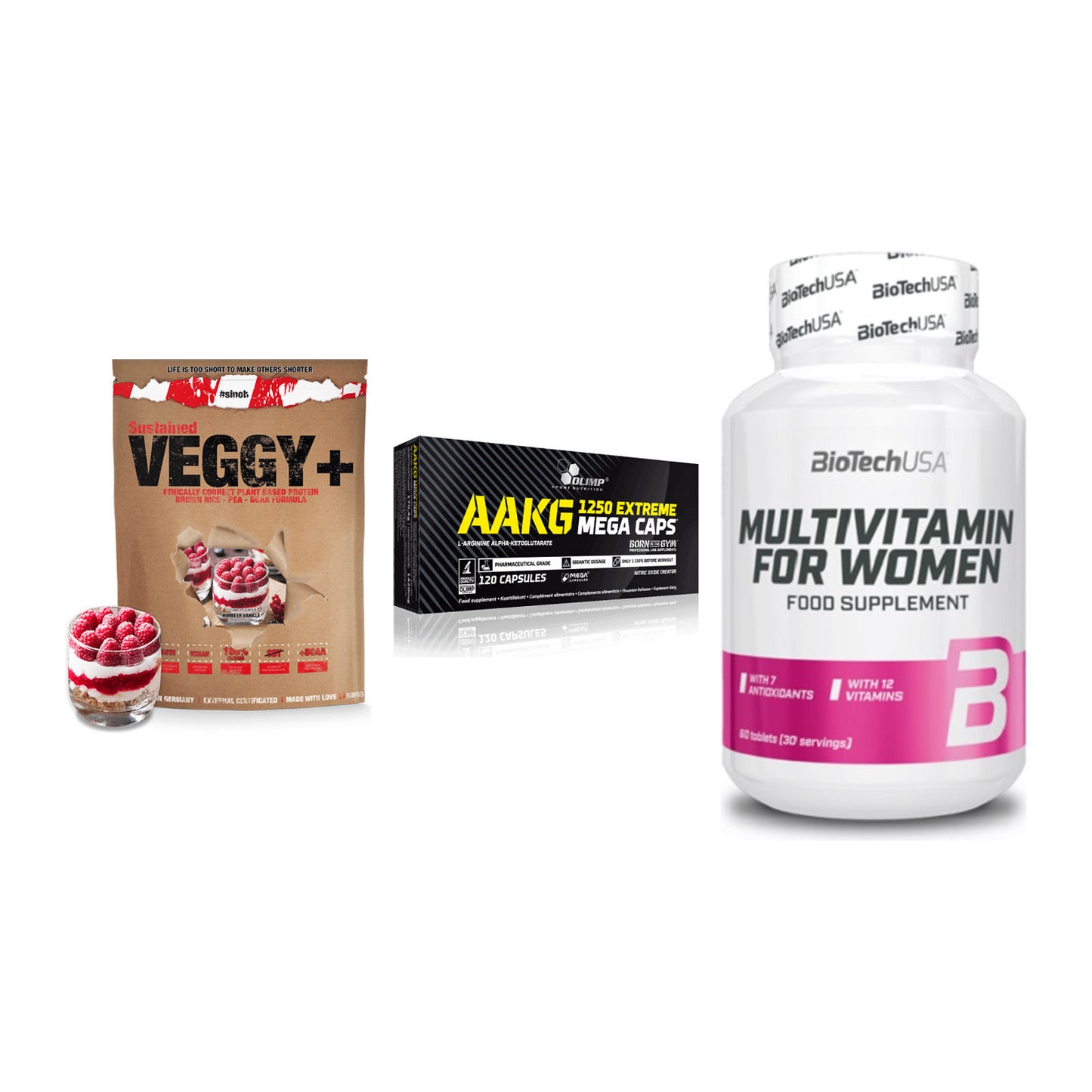 Pflanzliches Set: Sinob VEGGY + Olimp AAKG + BioTech Multivi – alle enthaltenen Artikel