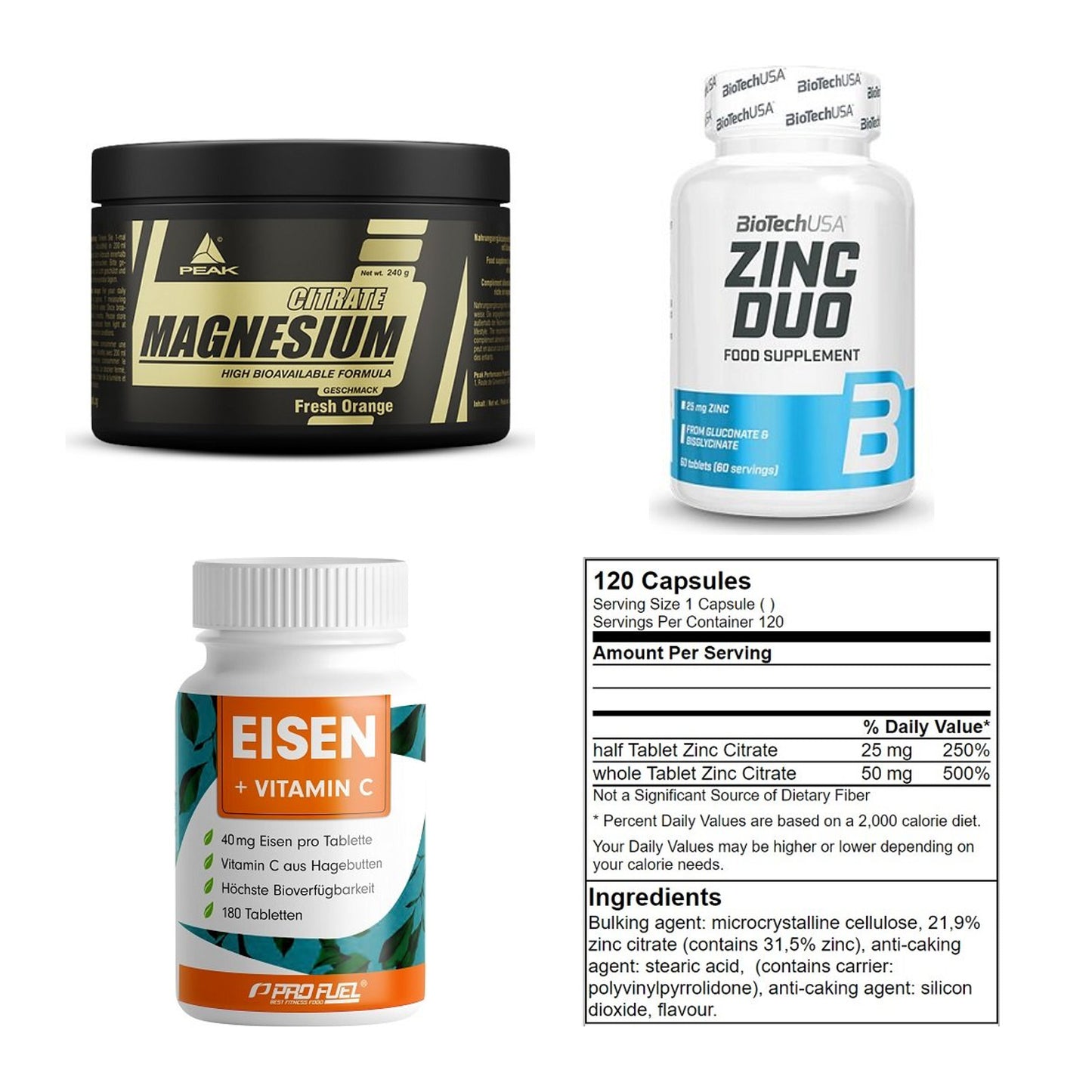 Vitamin-Set: Peak Magnesiu + BioTech Zinc + ProFuel EISEN + 1 weitere – alle enthaltenen Artikel
