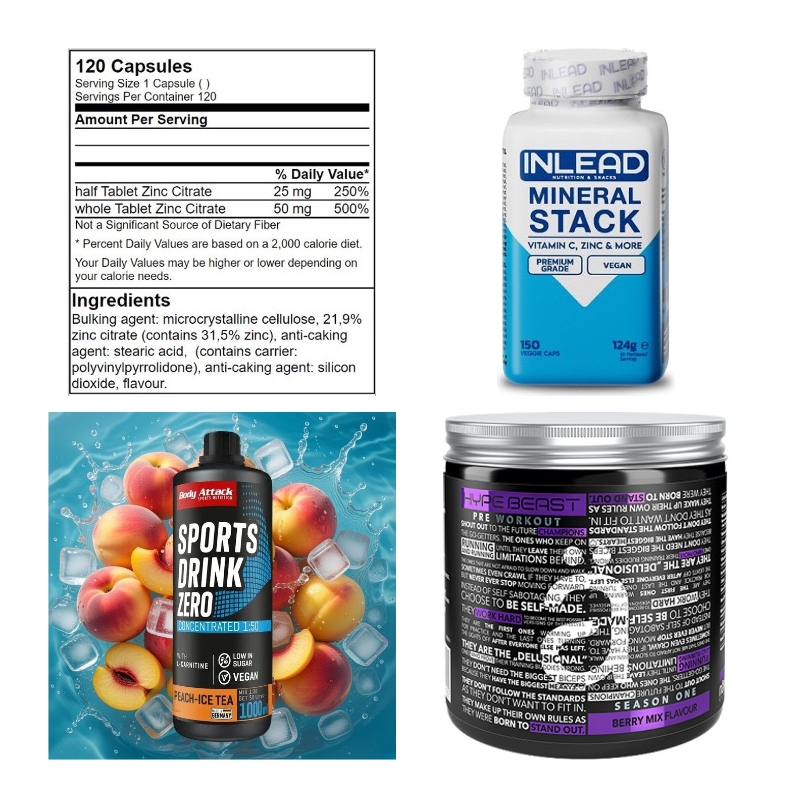 Vitamin-Set: GN Zinc + INLEAD Minera + Body Attack + 1 weitere – alle enthaltenen Artikel