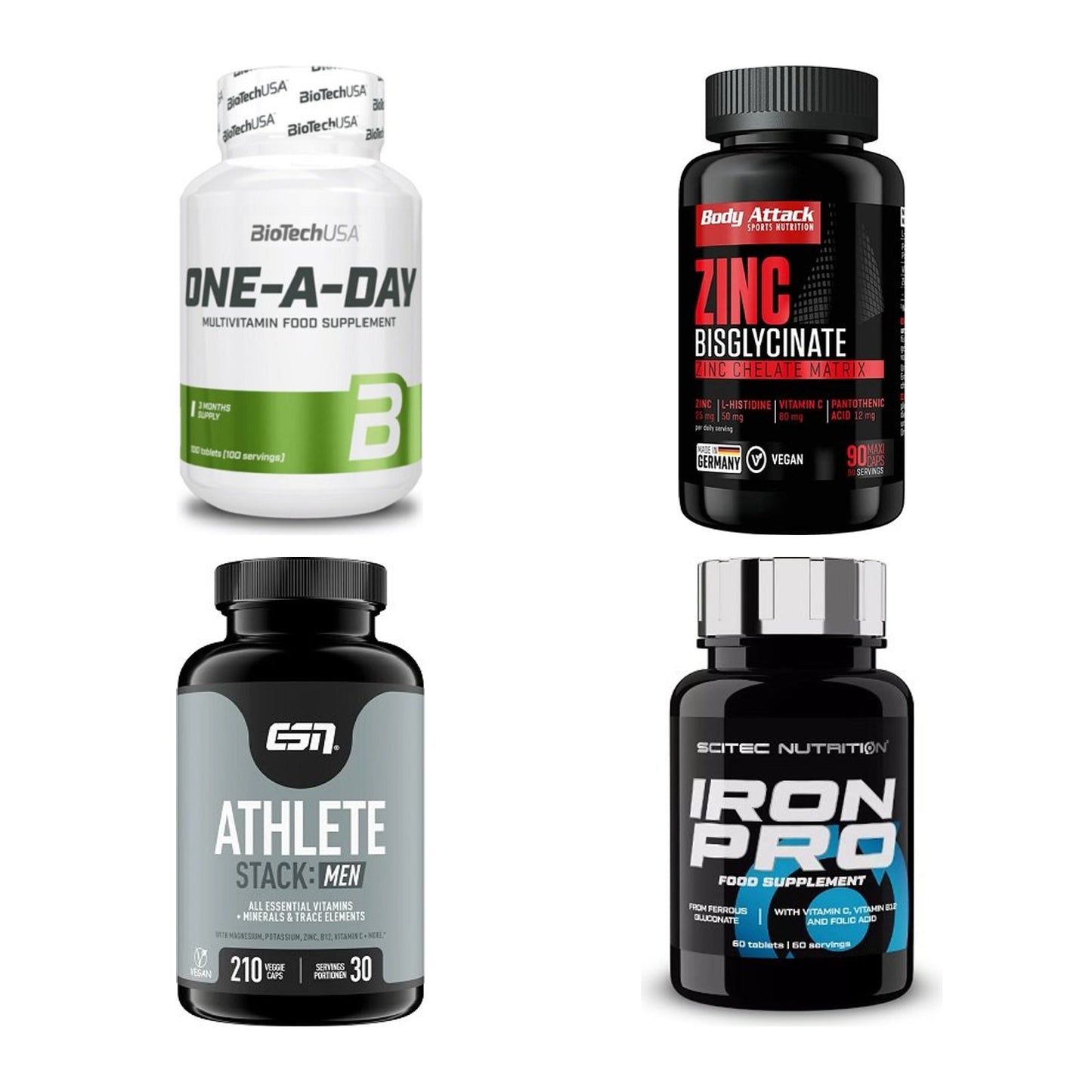 Vitamin-Set: BioTech One A + Body Attack + ESN Athlete + 1 weitere – alle enthaltenen Artikel