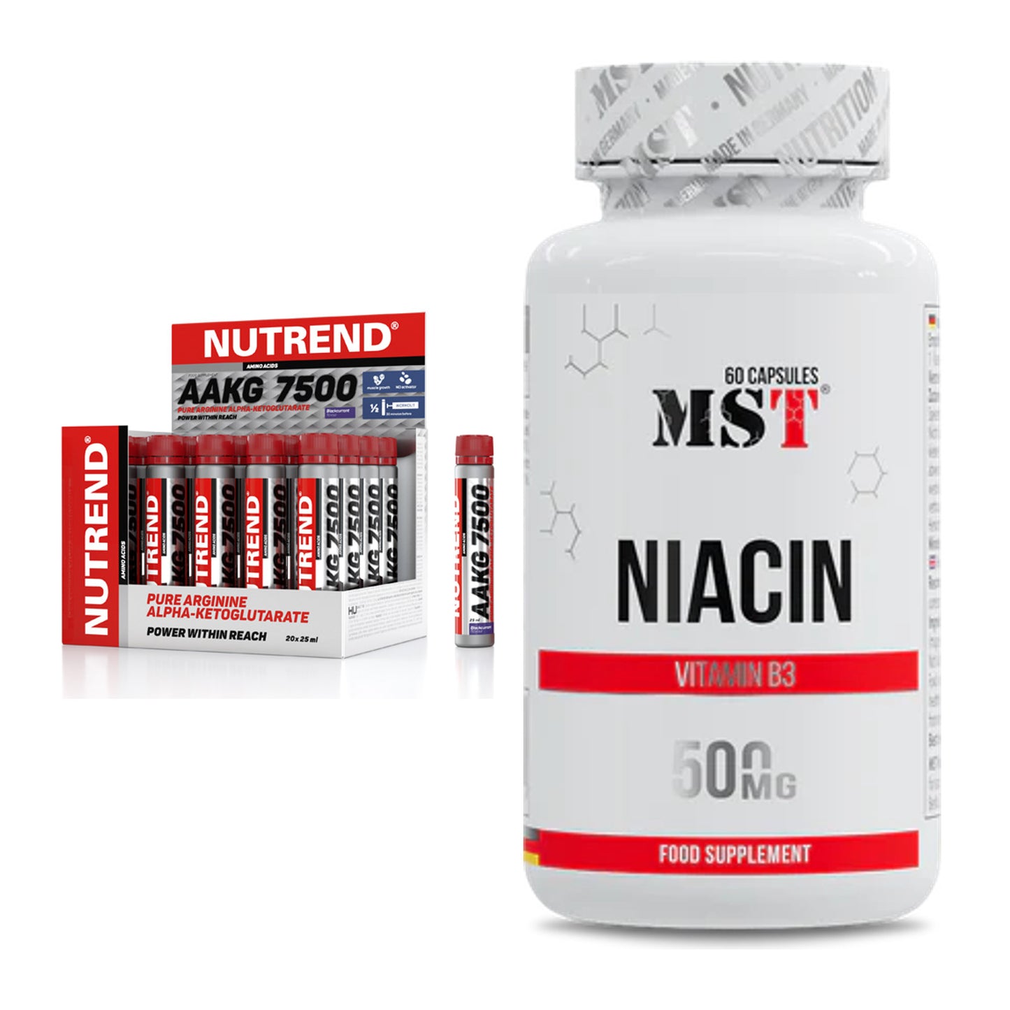 Koffein & B-Vitamine: Nutrend AAKG 7500 Shots + MST Niacin – alle enthaltenen Artikel