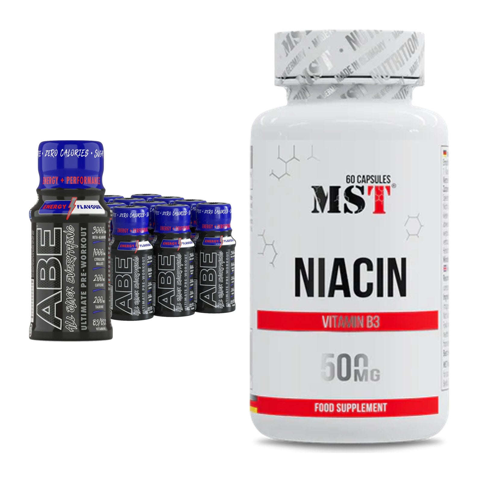 Koffein & B-Vitamine: Applied ABE Pre-Workout SHOTS + MST Niacin – alle enthaltenen Artikel