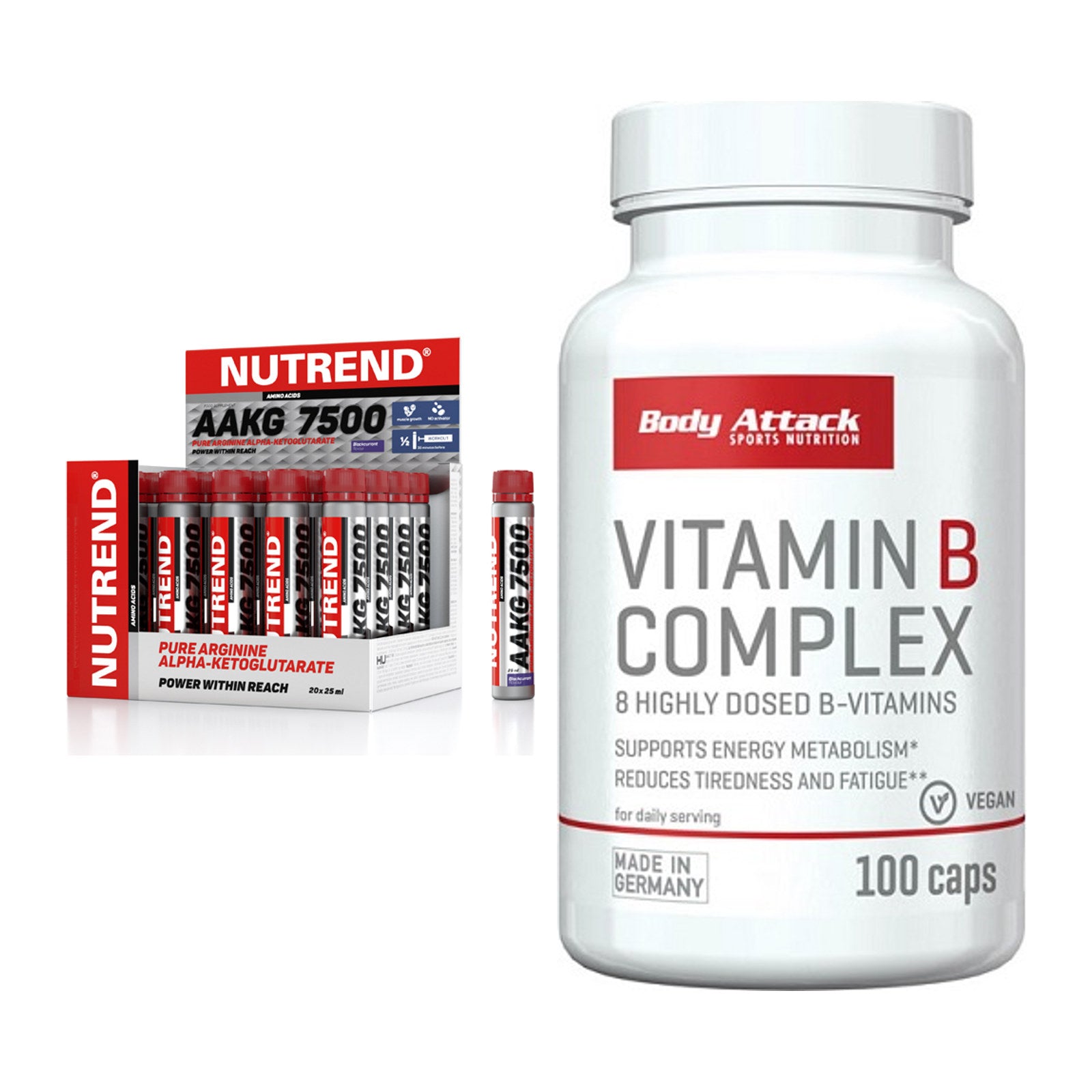 Koffein & B-Vitamine: Nutrend AAKG 7500 + Body Attack Vitamin – alle enthaltenen Artikel