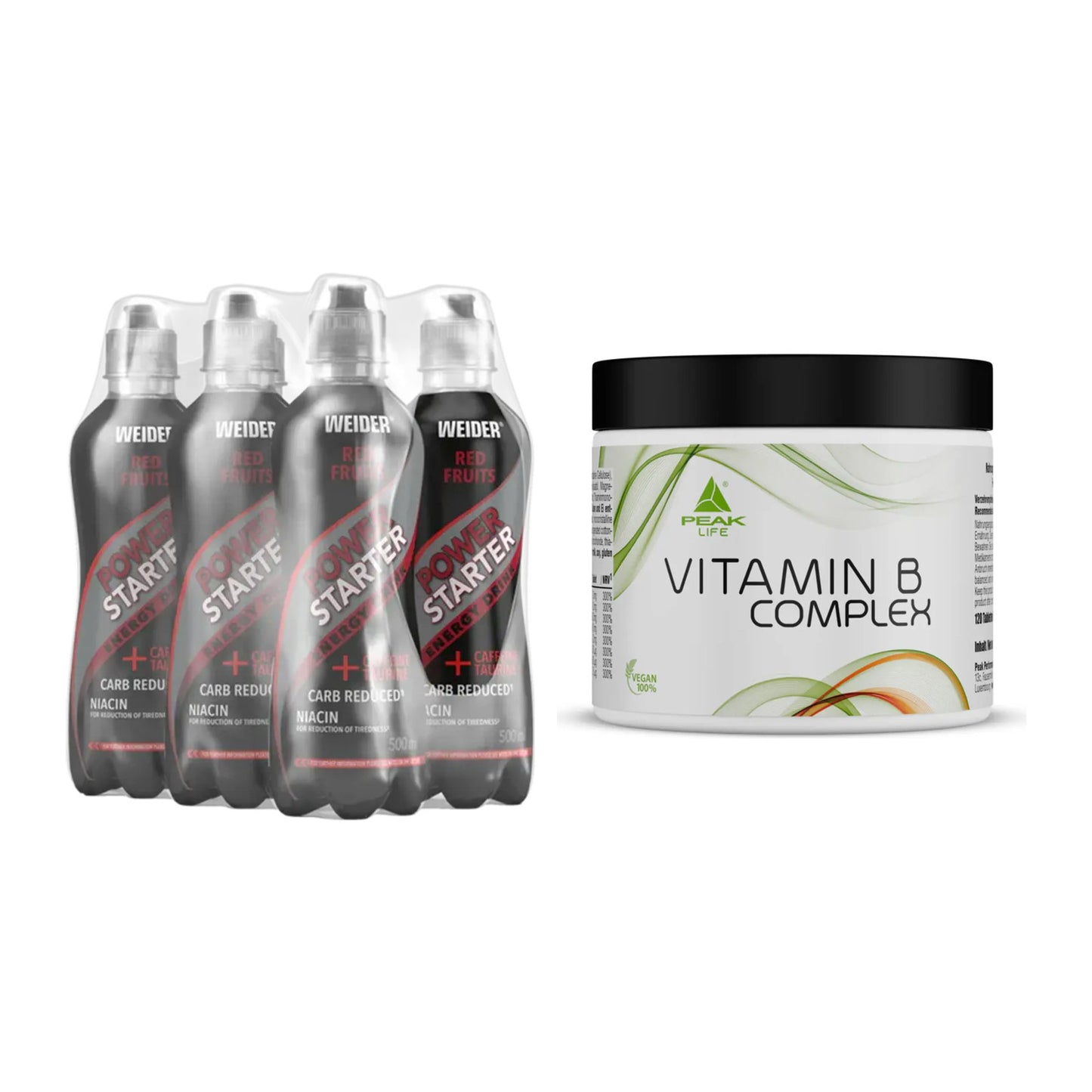 Koffein & B-Vitamine: Weider Power Starter + Peak Vitamin B Complex – alle enthaltenen Artikel
