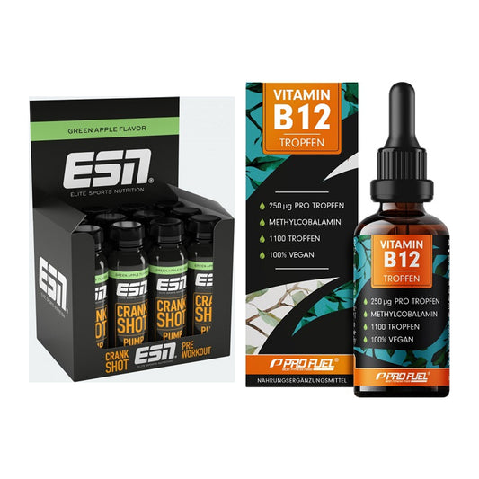 Koffein & B-Vitamine: ESN Crank Pump Shot + ProFuel Vitamin B12 – alle enthaltenen Artikel