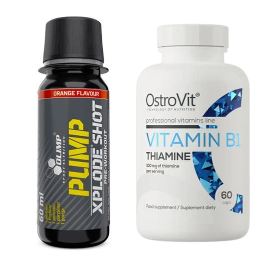 Kofein a vitamíny B: Olimp Pump Xplode Shot + Ostrovit Vitamín B1 – všechny položky v ceně