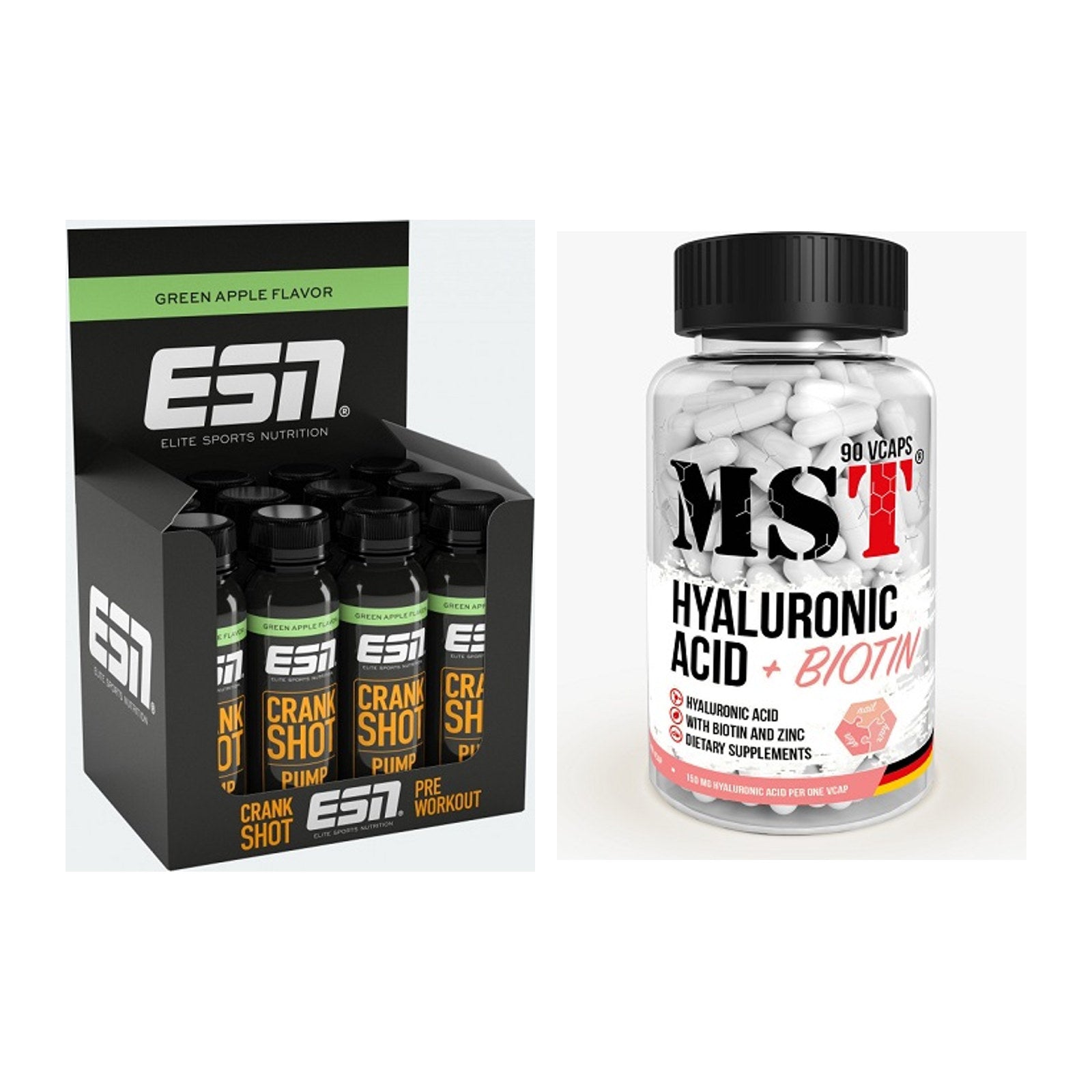 Koffein & B-Vitamine: ESN Crank Pump Shot + MST Hyaluronic Acid 150 mg – alle enthaltenen Artikel