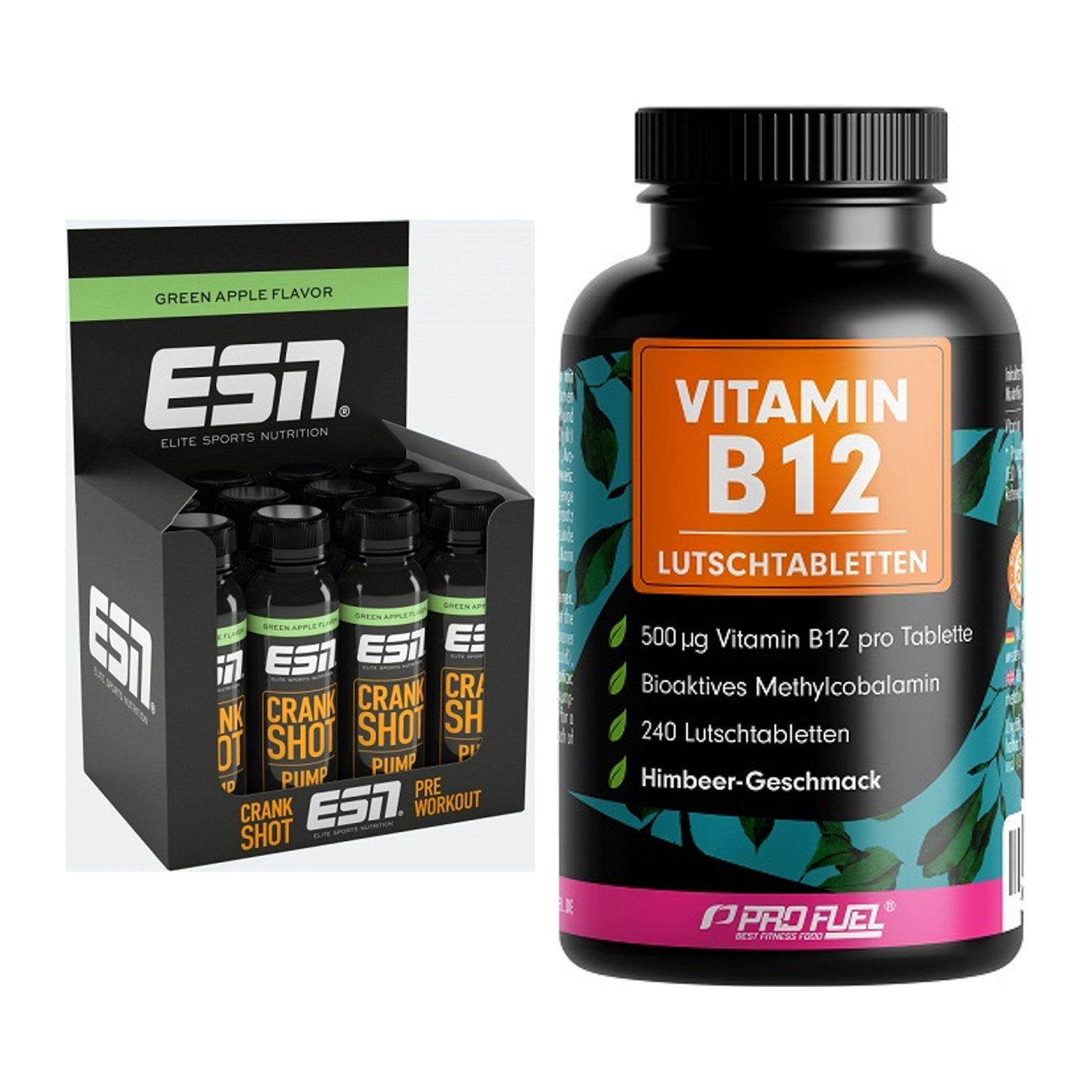 Koffein & B-Vitamine: ESN Crank Pump Shot + ProFuel Vitamin B12 240 – alle enthaltenen Artikel