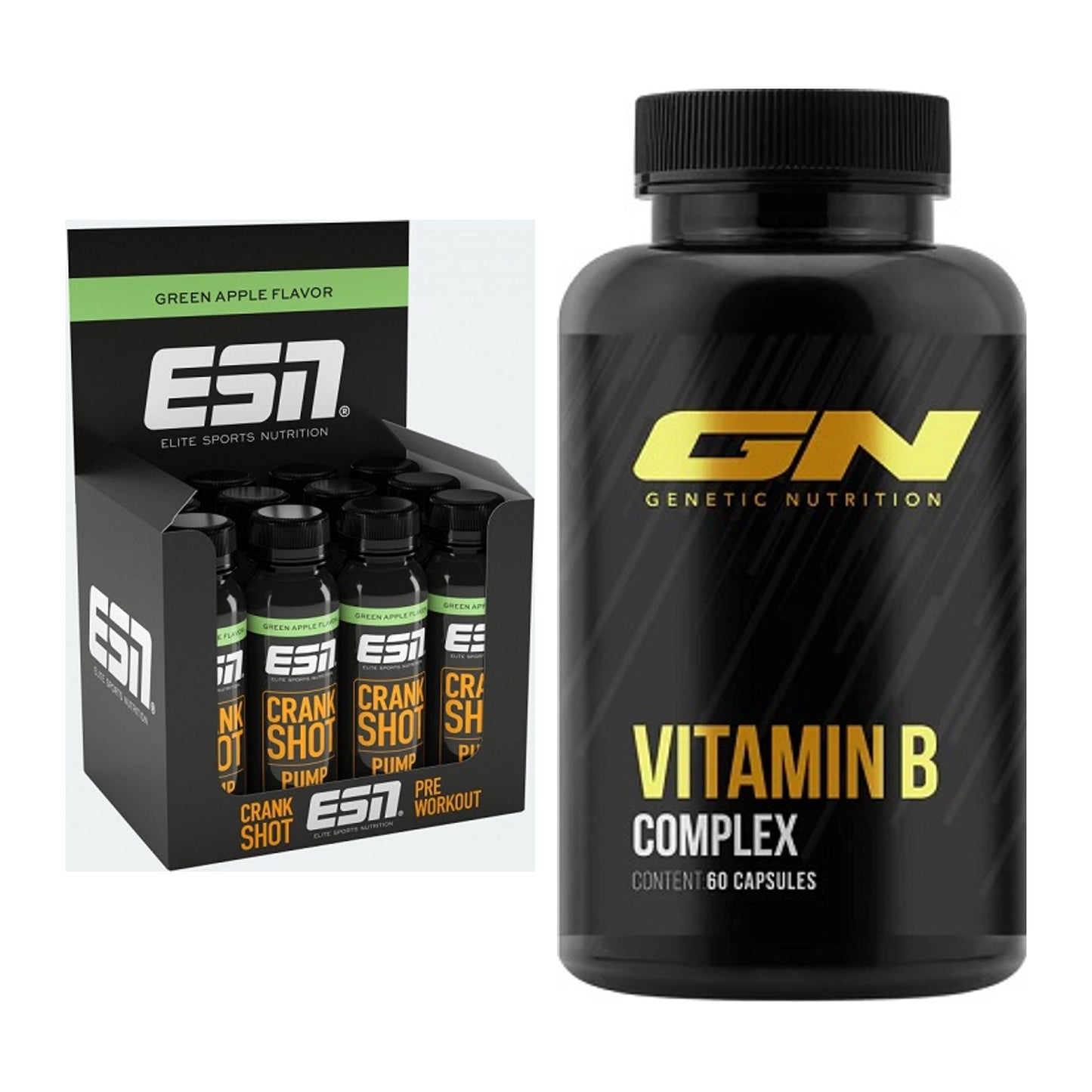 Koffein & B-Vitamine: ESN Crank Pump Shot + GN Vitamin B-Complex – alle enthaltenen Artikel